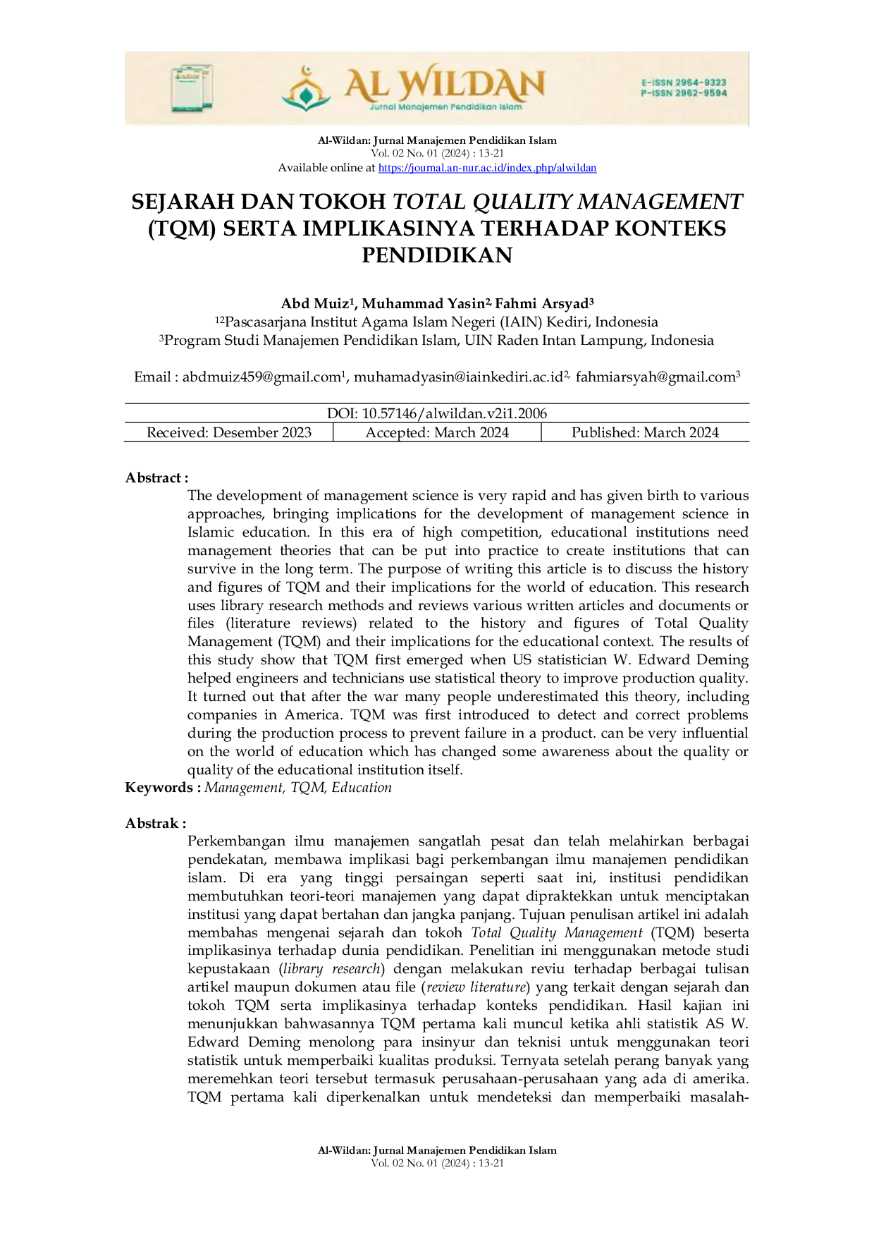 JURIS Sejarah Dan Tokoh Total Quality Management TQM Serta Implikasinya Terhadap Konteks Pendidikan