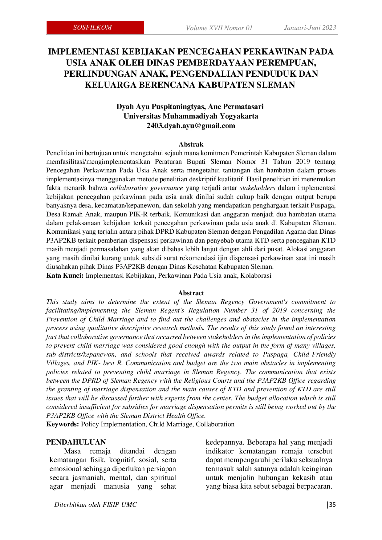 JURIS Implementasi Kebijakan Pencegahan Perkawinan pada Usia anak oleh dinas pemberdayaan perempuan perlindungan anak pengendalian penduduk and keluarga berencana kab sleman