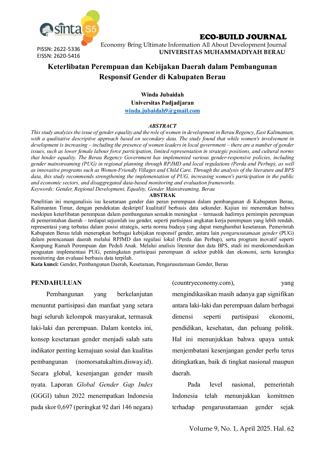 JURIS Keterlibatan Perempuan dan Kebijakan Daerah dalam Pembangunan Responsif Gender di Kabupaten Berau