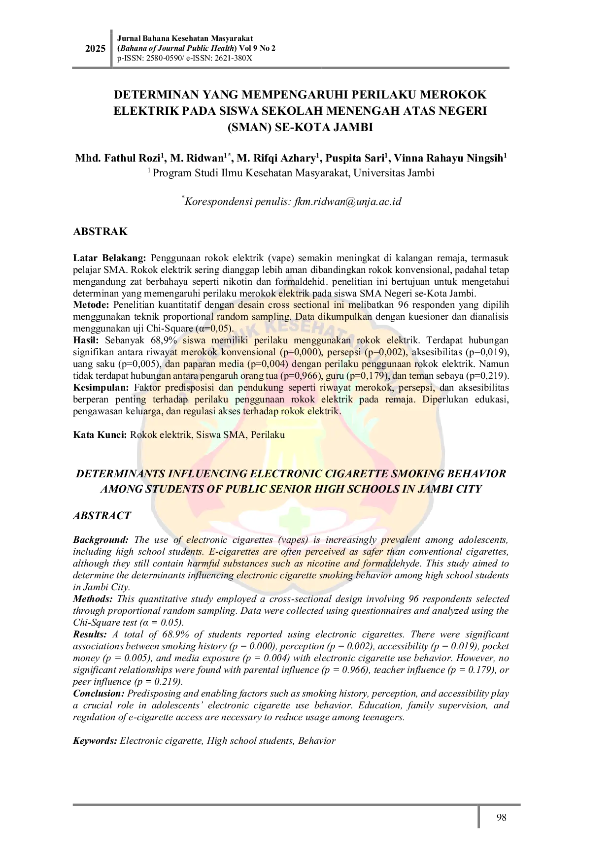 JURIS Determinan yang Mempengaruhi Perilaku Merokok Elektrik Pada Siswa Sekolah Menengah Atas Negeri SMAN Se Kota Jambi