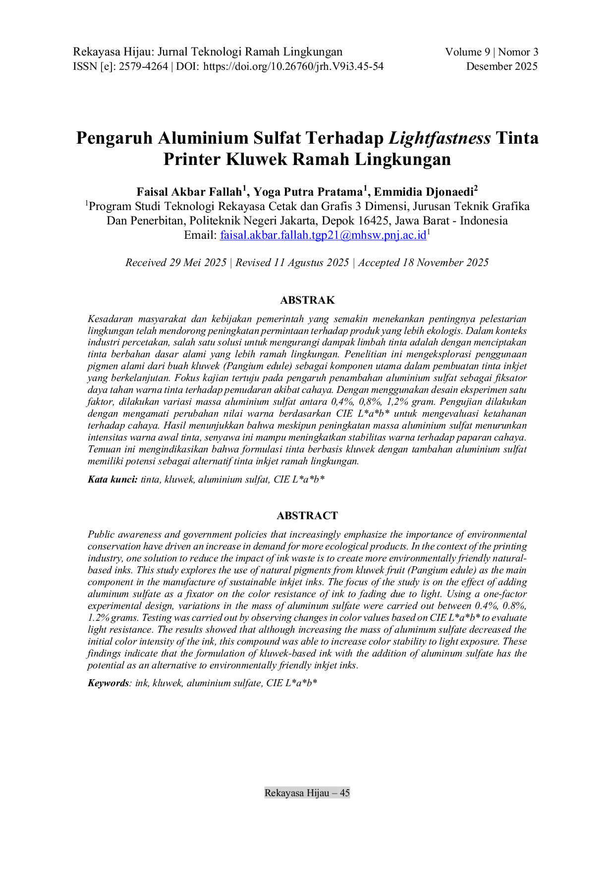JURIS Pengaruh Aluminium Sulfat Terhadap Lightfastness Tinta Printer Kluwek Ramah Lingkungan
