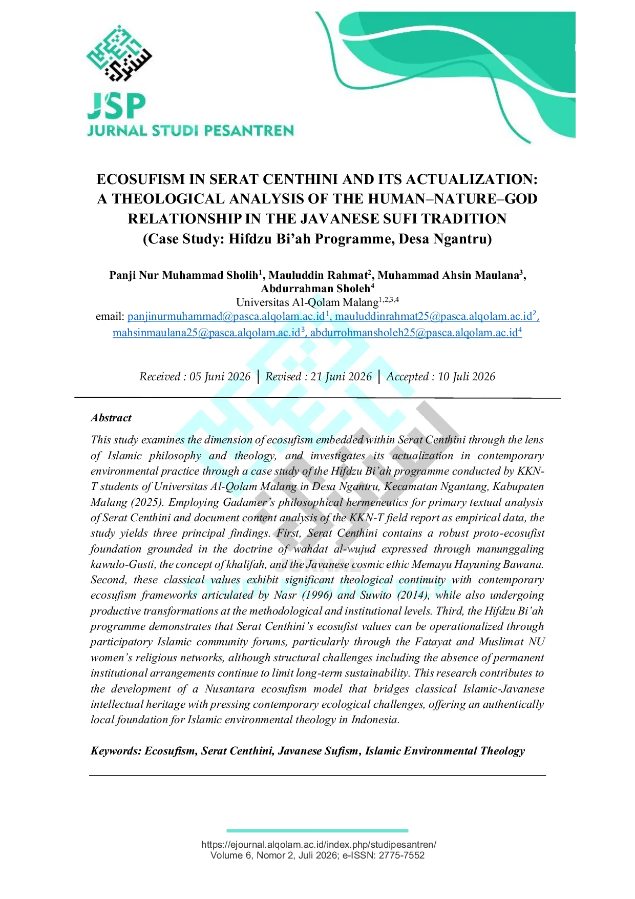 JURIS ECOSUFISM IN SERAT CENTHINI AND ITS ACTUALIZATION A THEOLOGICAL ANALYSIS OF THE HUMAN NATURE GOD RELATIONSHIP IN THE JAVANESE SUFI TRADITION Case Study Hifdzu Bi ah Programme Desa Ngantru