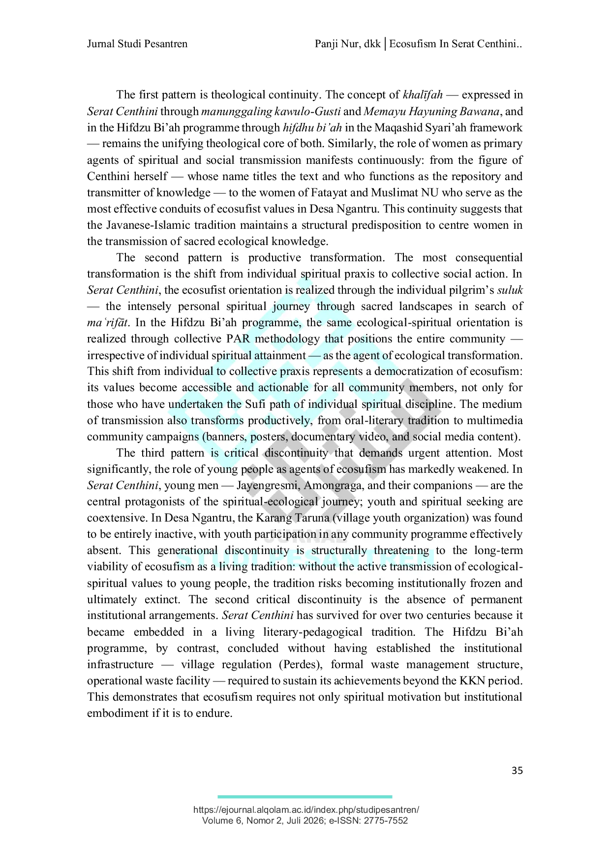 JURIS ECOSUFISM IN SERAT CENTHINI AND ITS ACTUALIZATION A THEOLOGICAL ANALYSIS OF THE HUMAN NATURE GOD RELATIONSHIP IN THE JAVANESE SUFI TRADITION Case Study Hifdzu Bi ah Programme Desa Ngantru