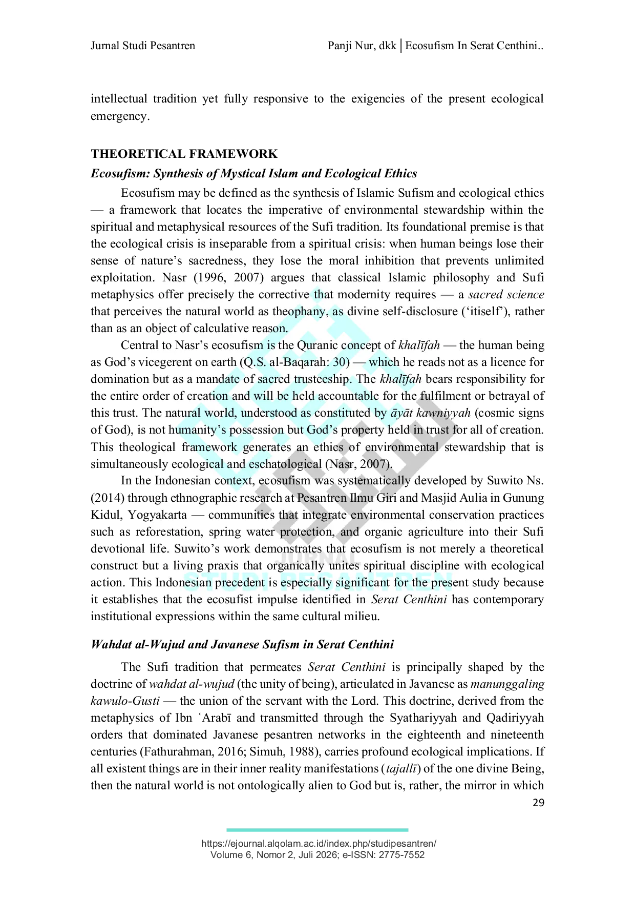 JURIS ECOSUFISM IN SERAT CENTHINI AND ITS ACTUALIZATION A THEOLOGICAL ANALYSIS OF THE HUMAN NATURE GOD RELATIONSHIP IN THE JAVANESE SUFI TRADITION Case Study Hifdzu Bi ah Programme Desa Ngantru
