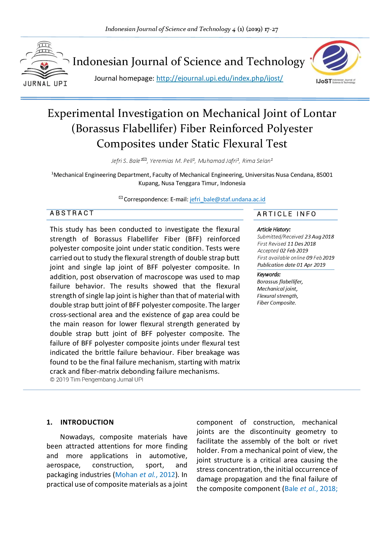 juris Experimental Investigation on Mechanical Joint of Lontar Borassus Flabellifer Fiber Reinforced Polyester Composites under Static Flexural Test