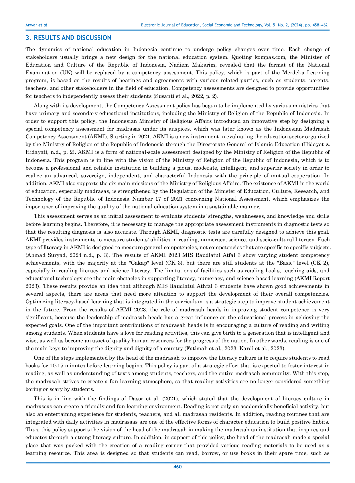 JURIS Efforts of the Head of Madrasah MIS Raudlatul Atfal 3 in Improving Student Reading Literacy Based on AKMI Results in 2023