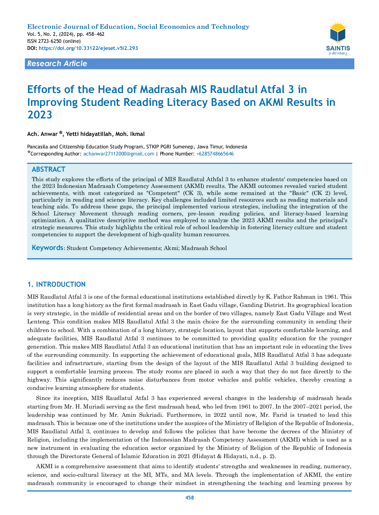 JURIS Efforts of the Head of Madrasah MIS Raudlatul Atfal 3 in Improving Student Reading Literacy Based on AKMI Results in 2023
