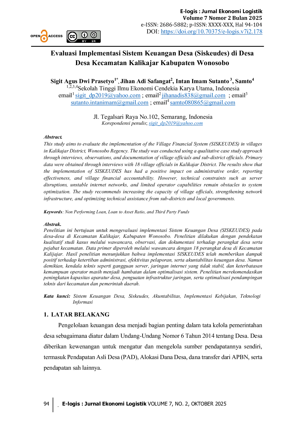JURIS Evaluasi Implementasi Sistem Keuangan Desa Siskeudes di Desa Desa Kecamatan Kalikajar Kabupaten Wonosobo