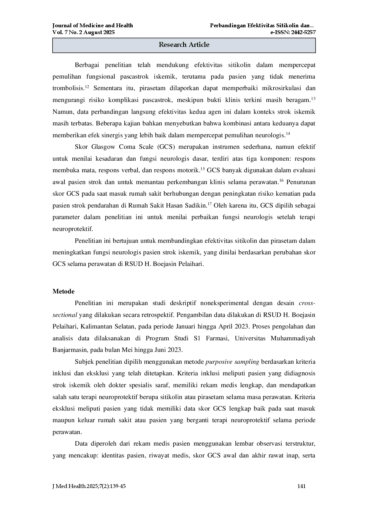 juris Efektivitas Sitikolin Dan Pirasetam Pada Perbaikan Neurologis Pasien Stroke Iskemik Di Rsud H Boejasin Pelaihari