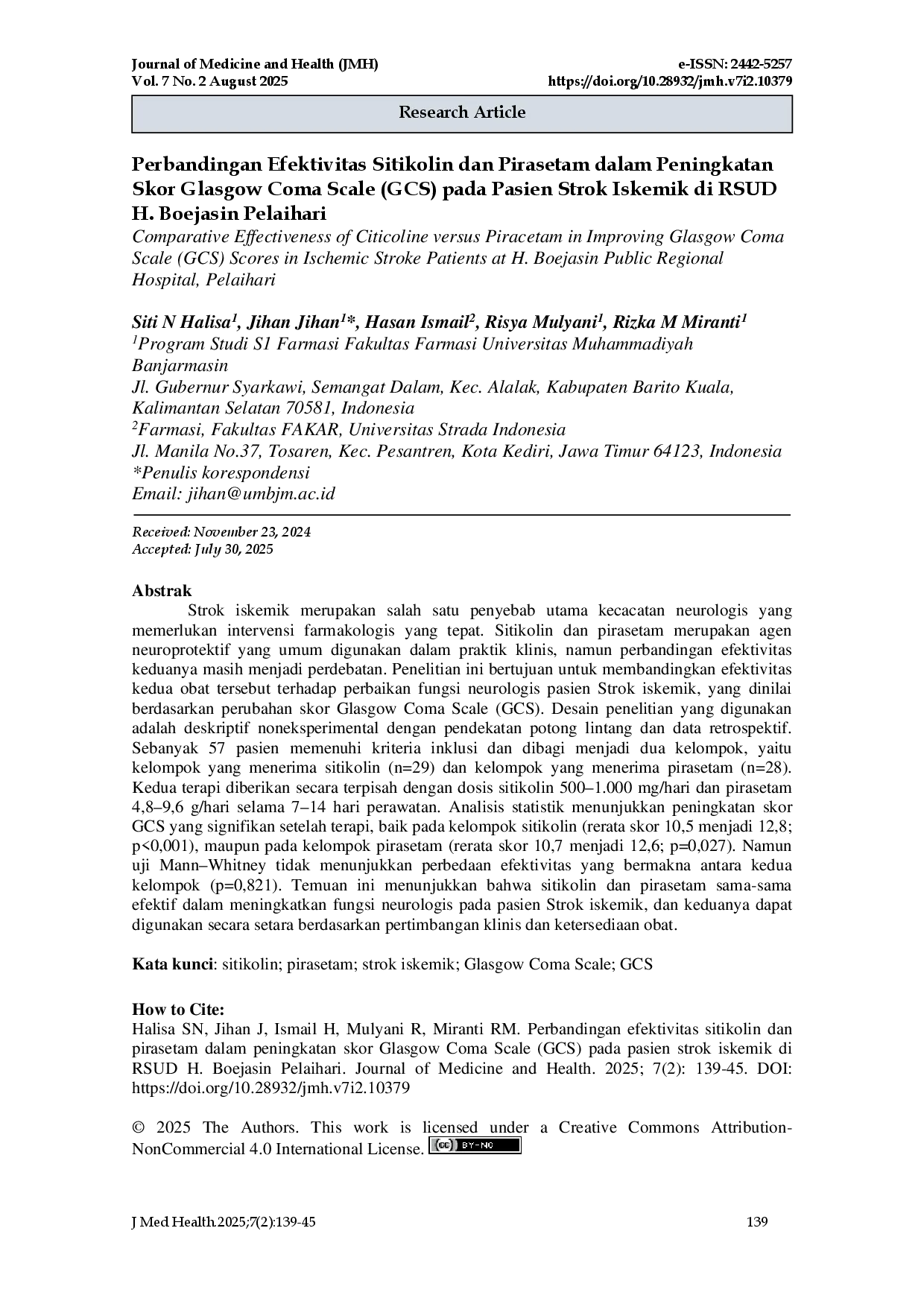 juris Efektivitas Sitikolin Dan Pirasetam Pada Perbaikan Neurologis Pasien Stroke Iskemik Di Rsud H Boejasin Pelaihari