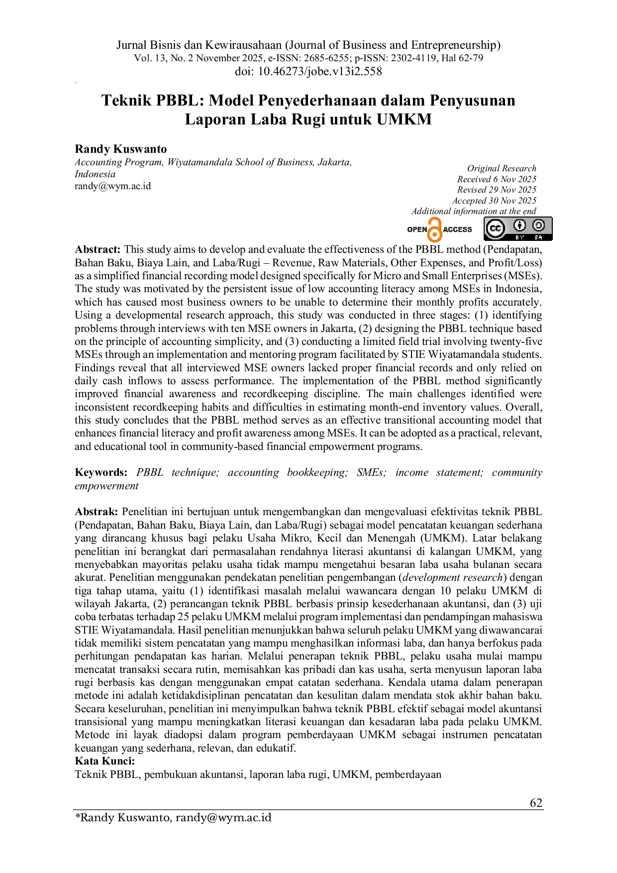 JURIS Teknik PBBL Model Penyederhanaan dalam Penyusunan Laporan Laba Rugi untuk UMKM