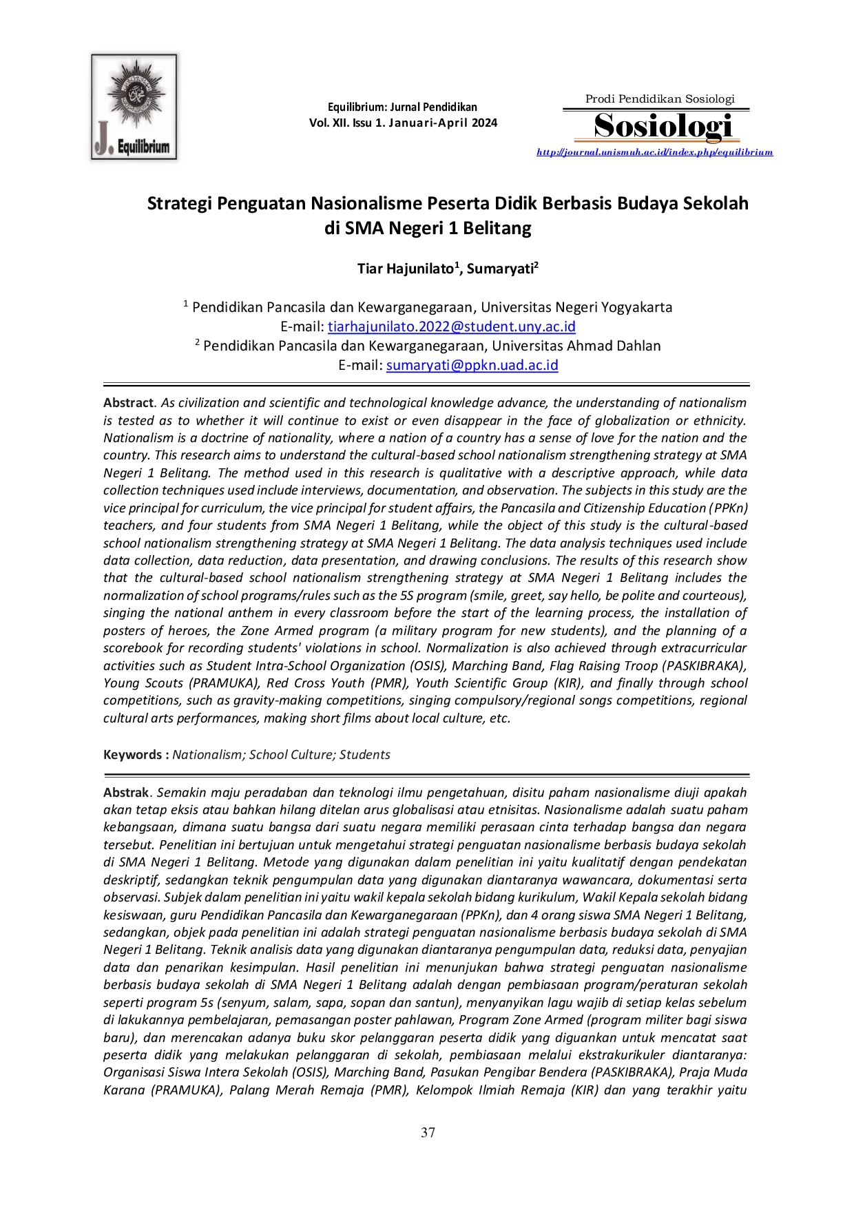 JURIS Strategi Penguatan Nasionalisme Peserta Didik Berbasis Budaya Sekolah di SMA Negeri 1 Belitang