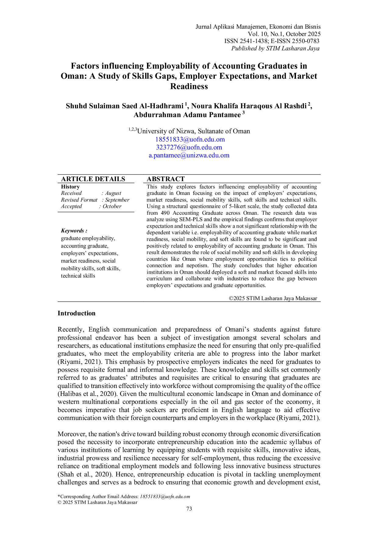 JURIS Factors Influencing Employability of Accounting Graduates in Oman A Study of Skills Gaps Employer Expectations and Market Readiness