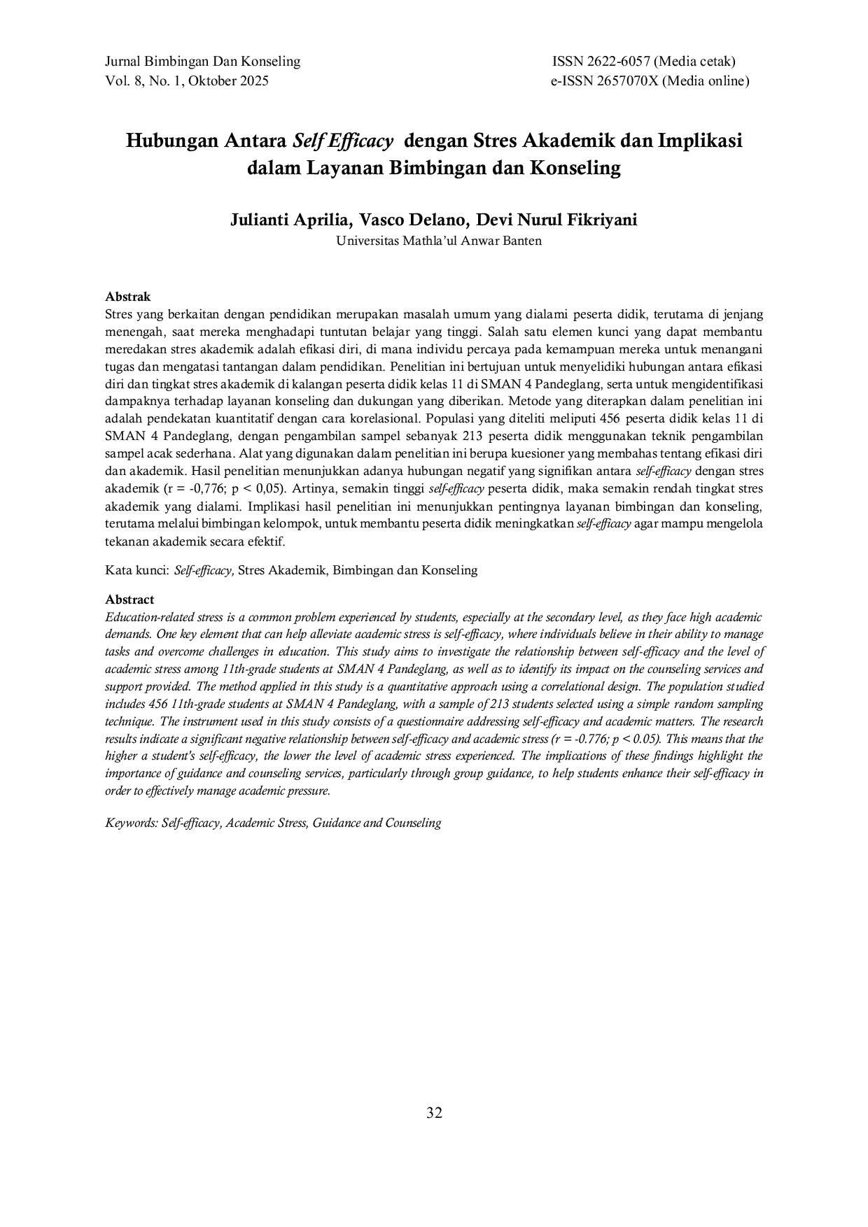 JURIS Hubungan Antara Self Efficacy dengan Stres Akademik pada Siswa Kelas XI Di SMAN 4 Pandeglang dan Implikasi dalam Layanan Bimbingan dan Konseling