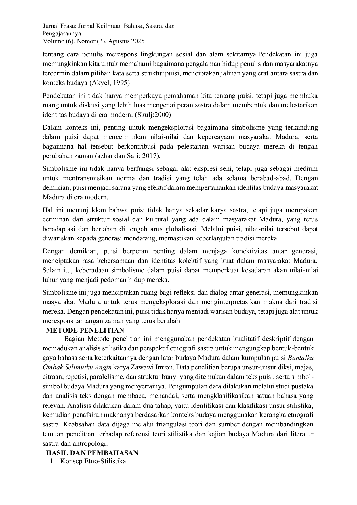 JURIS Etno Stilistika Dalam Kumpulan Puisi Bantalku Ombak Selimutku Angin Karya Zawawi Imron