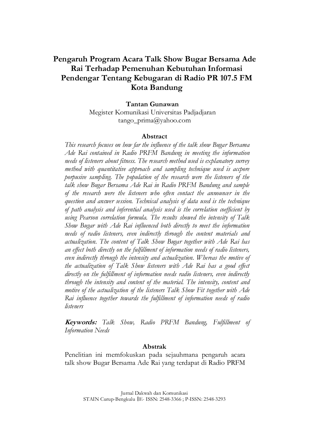 JURIS Pengaruh Program Acara Talk Show Bugar Bersama Ade Rai Terhadap Pemenuhan Kebutuhan Informasi Pendengar Tentang Kebugaran di Radio PR 107 5 FM Kota Bandung