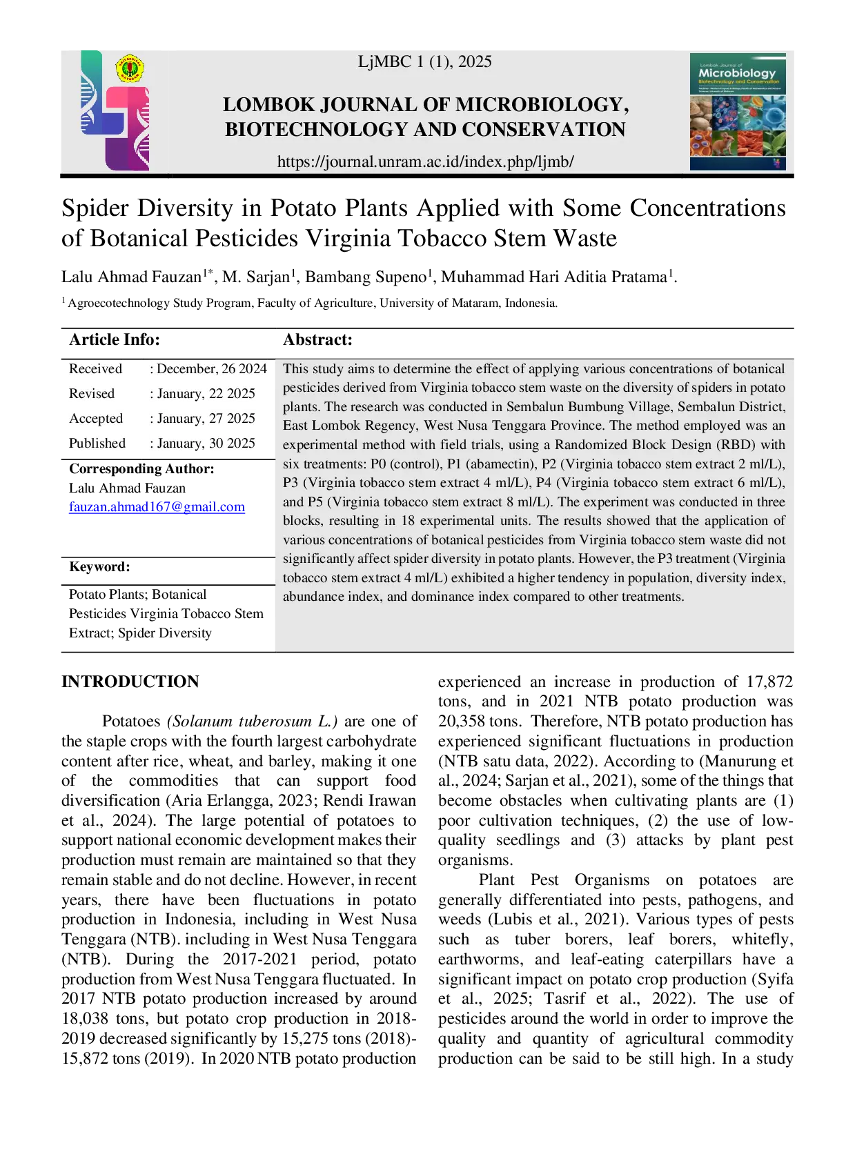 JURIS Spider Diversity in Potato Plants Applied with Some Concentrations of Botanical Pesticides Virginia Tobacco Stem Waste