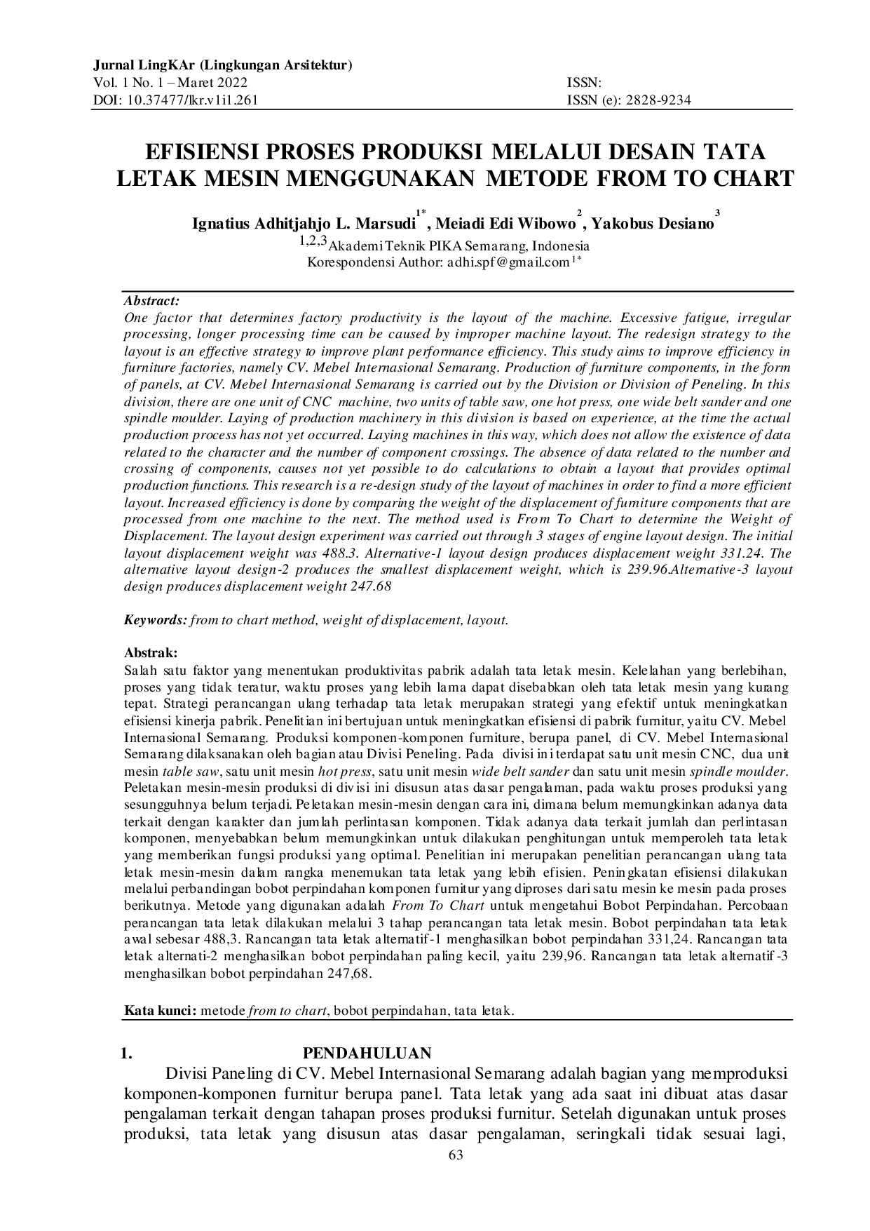 JURIS Efisiensi Proses Produksi Melalui Desain Tata Letak Mesin Menggunakan Metode From To Chart