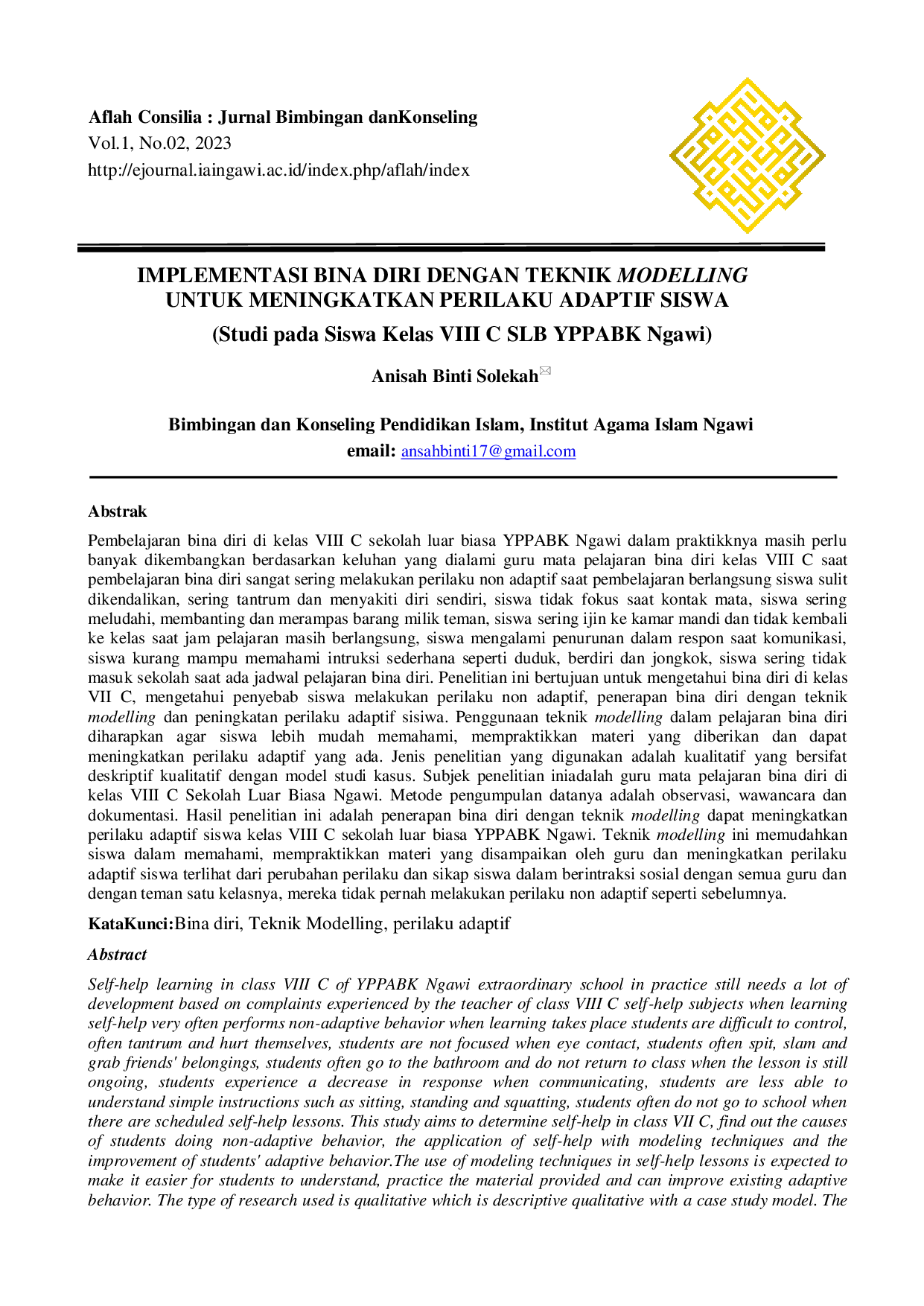 JURIS IMPLEMENTASI BINA DIRI DENGAN TEKNIK MODELLING UNTUK MENINGKATKAN PERILAKU ADAPTIF SISWA Studi pada Siswa Kelas VIII C SLB YPPABK Ngawi