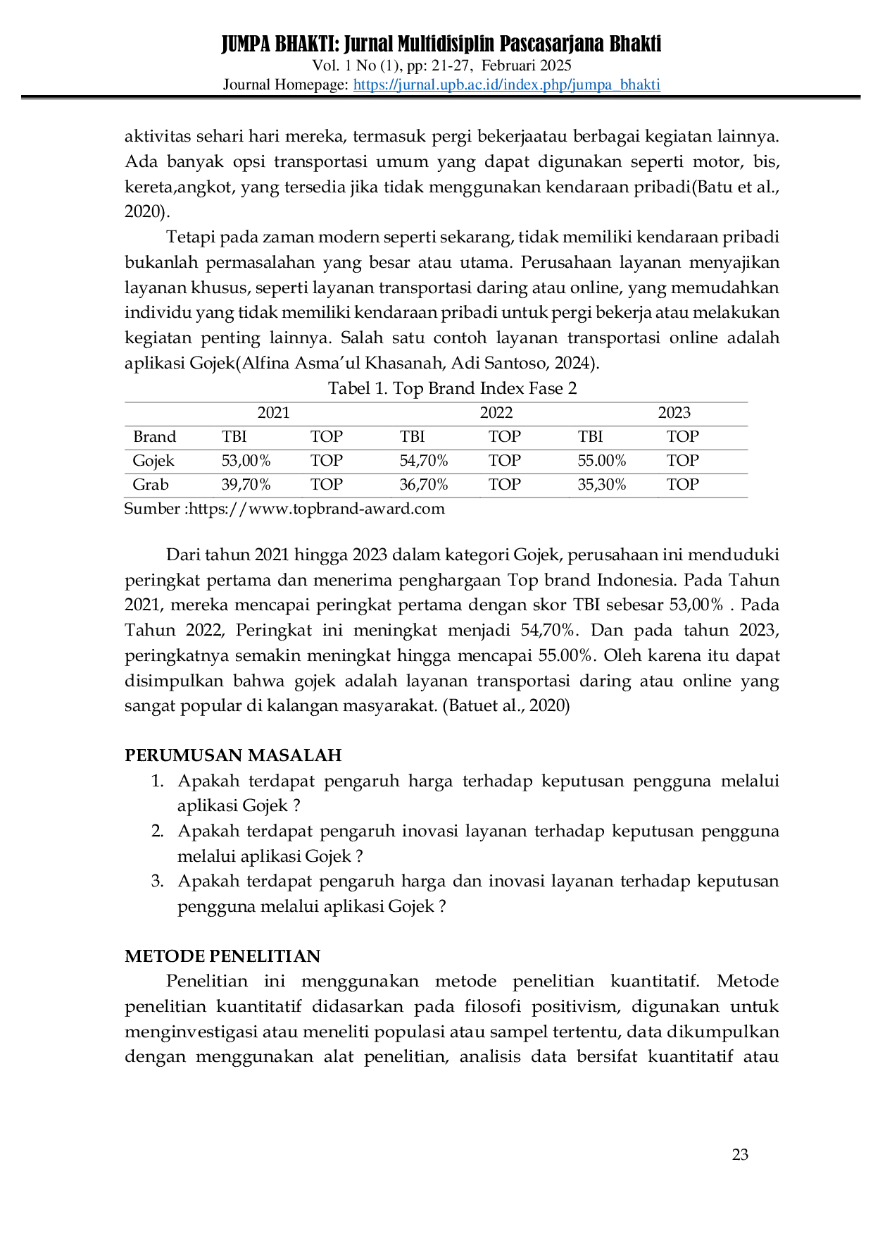 JURIS Antensidensi Keputusan Penggunaan Pada Harga Dan Inovasi Layanan Melalui Aplikasi Gojek