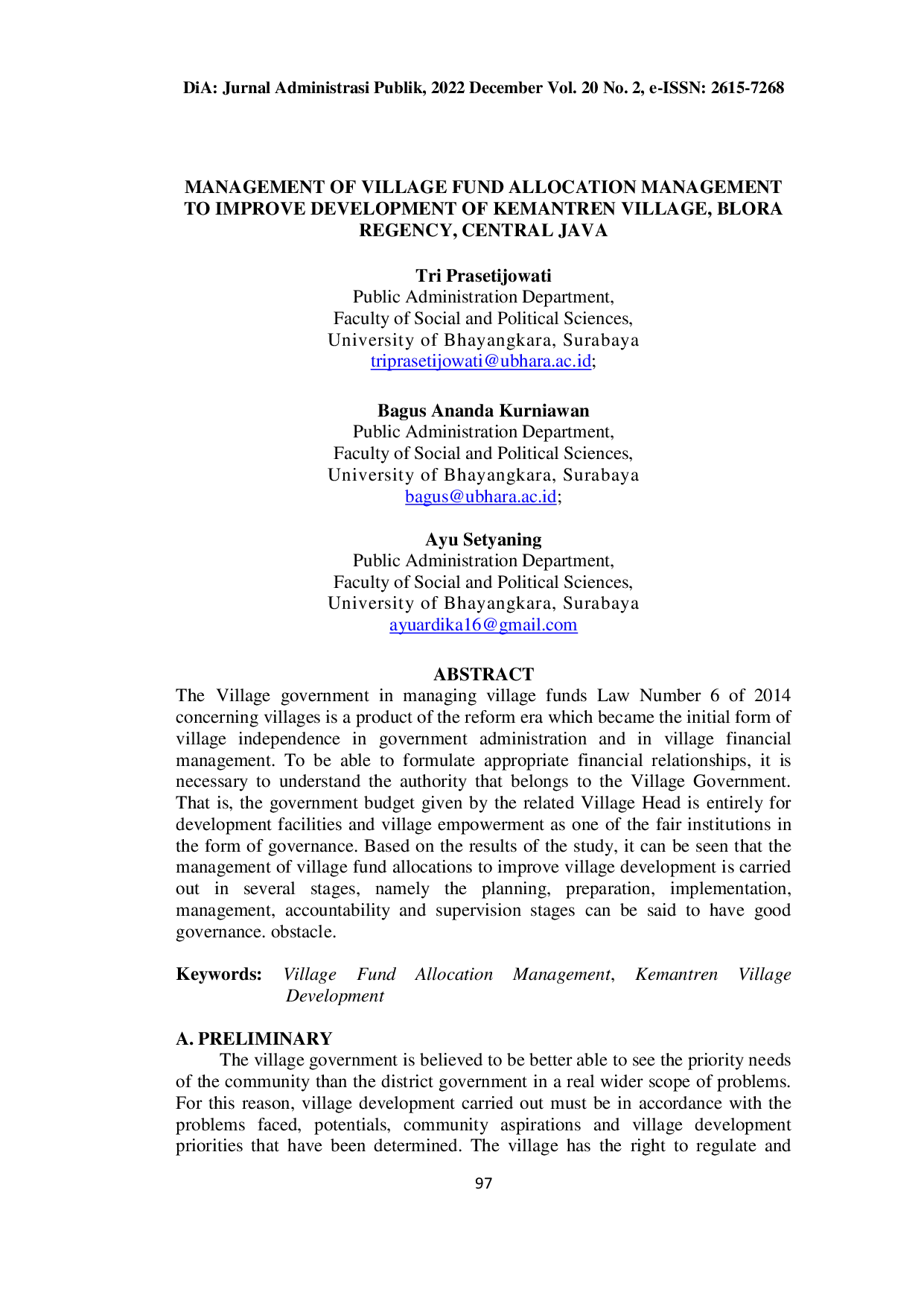JURIS Management Of Village Fund Allocation Management To Improve Development Of Kemantren Village Blora Regency Central Java