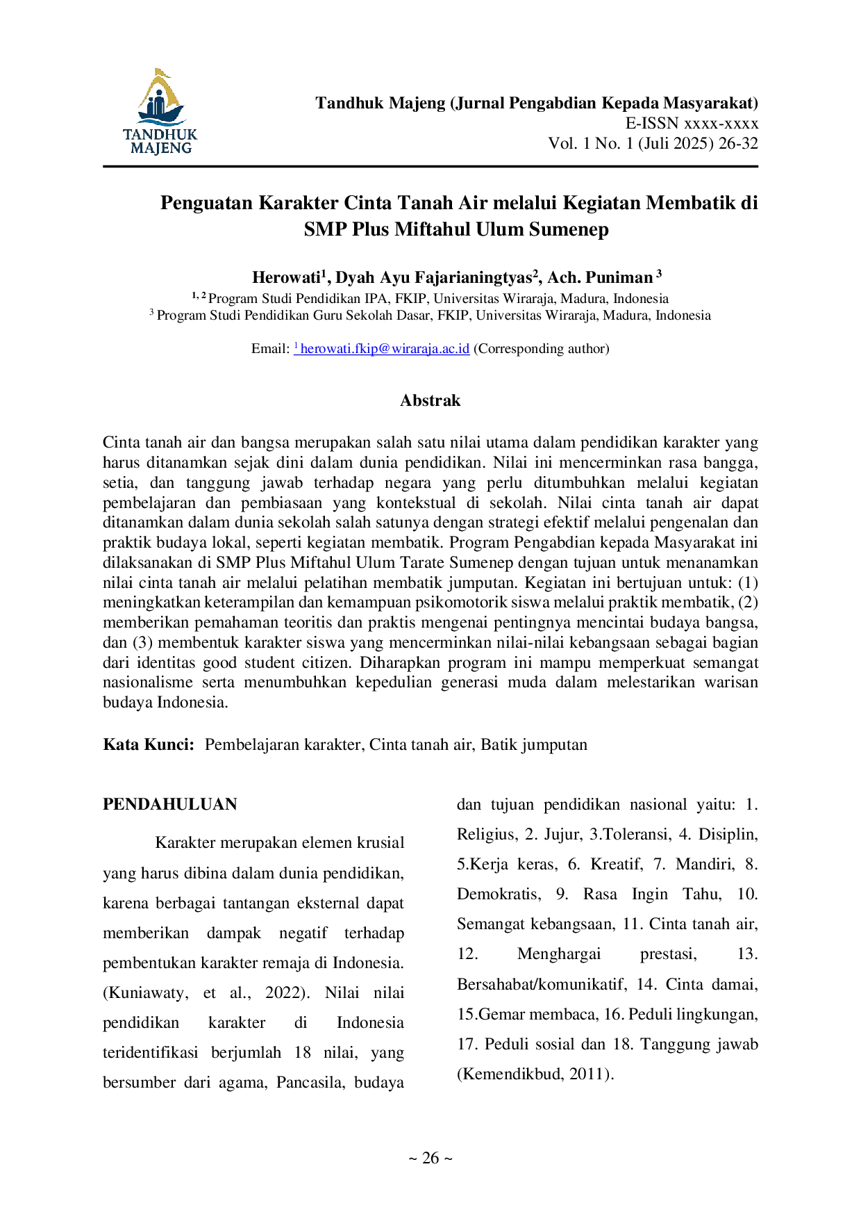 JURIS Penguatan Karakter Cinta Tanah Air melalui Kegiatan Membatik di SMP Plus Miftahul Ulum Sumenep