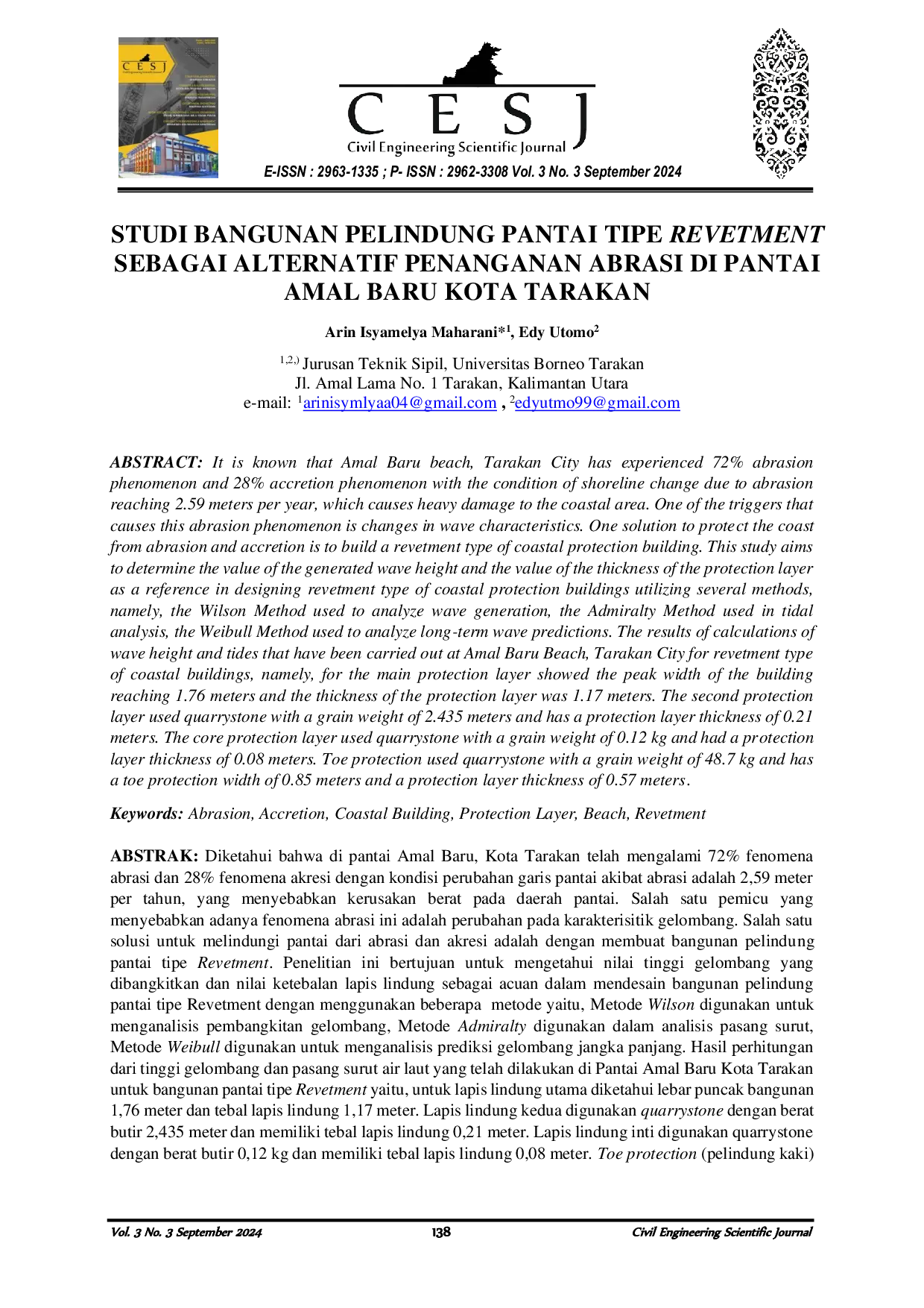 JURIS Studi Bangunan Pelindung Pantai Tipe Revetment Sebagai Alternatif Penanganan Abrasi di Pantai Amal Baru Kota Tarakan