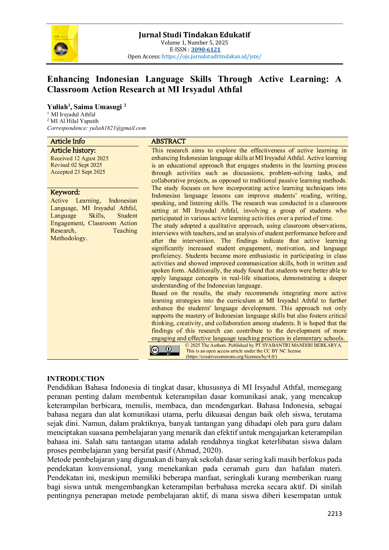 JURIS Enhancing Indonesian Language Skills Through Active Learning A Classroom Action Research at MI Irsyadul Athfal