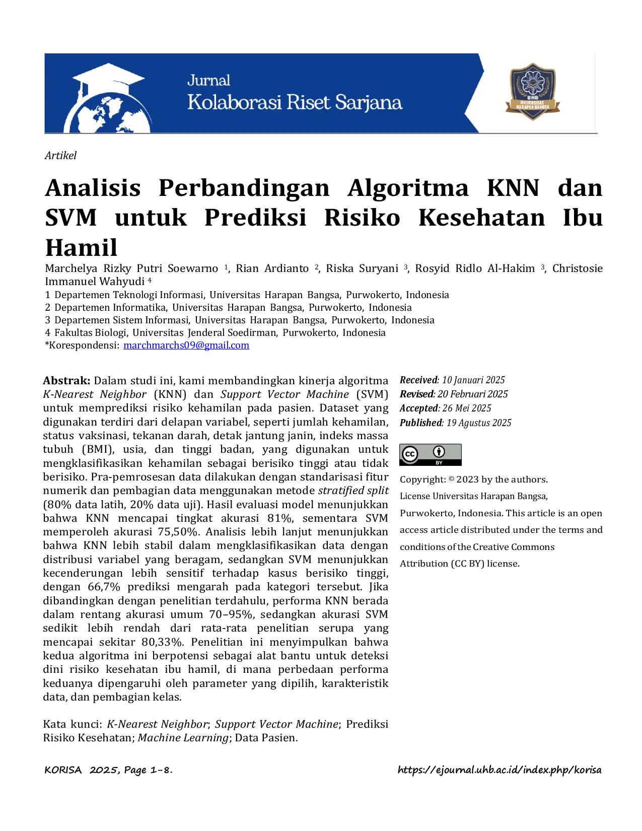 JURIS Analisis Perbandingan Algoritma KNN dan SVM untuk Prediksi Risiko Kesehatan Ibu Hamil