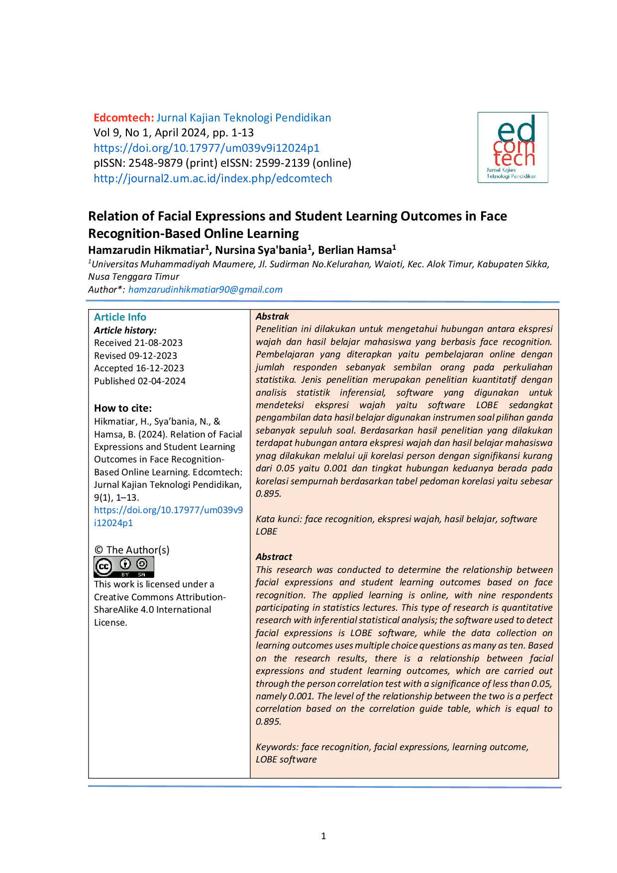 JURIS Relation of Facial Expressions and Student Learning Outcomes in Face Recognition Based Online Learning