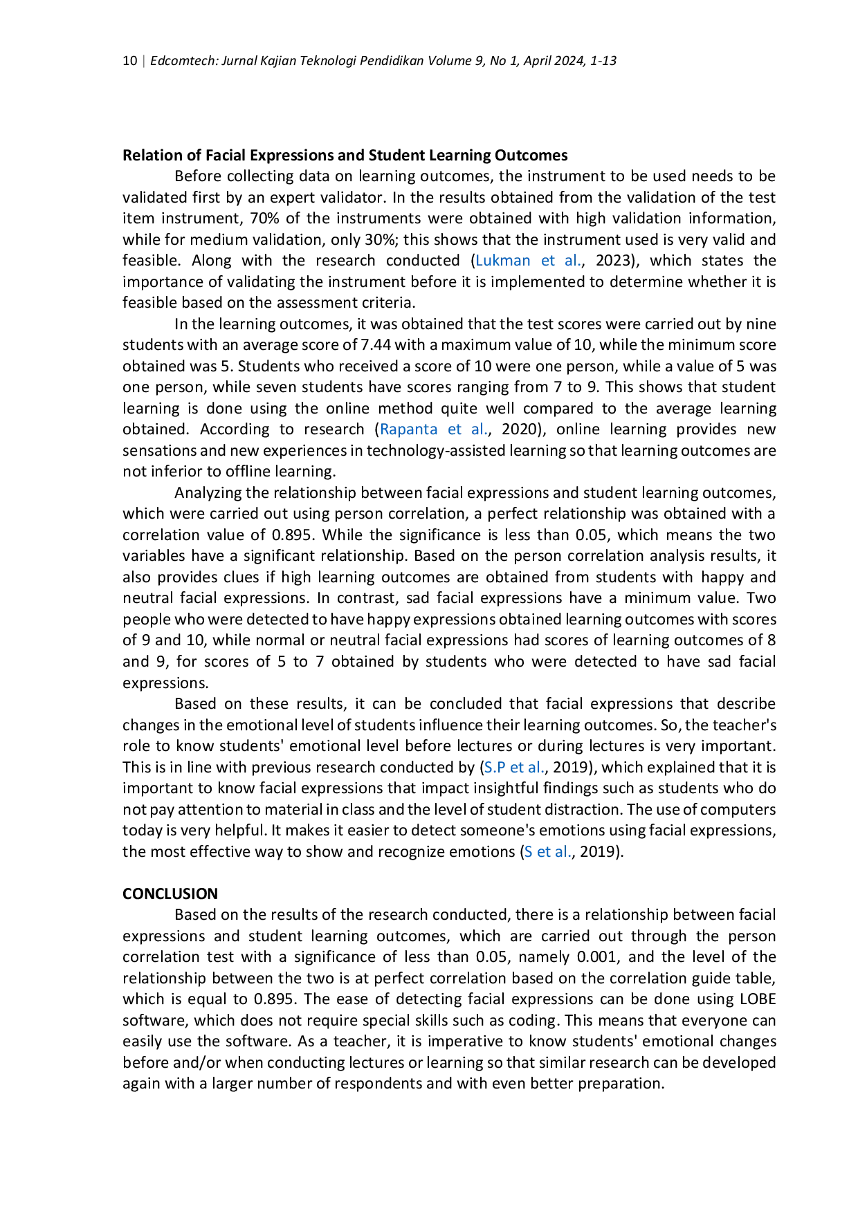 JURIS Relation of Facial Expressions and Student Learning Outcomes in Face Recognition Based Online Learning
