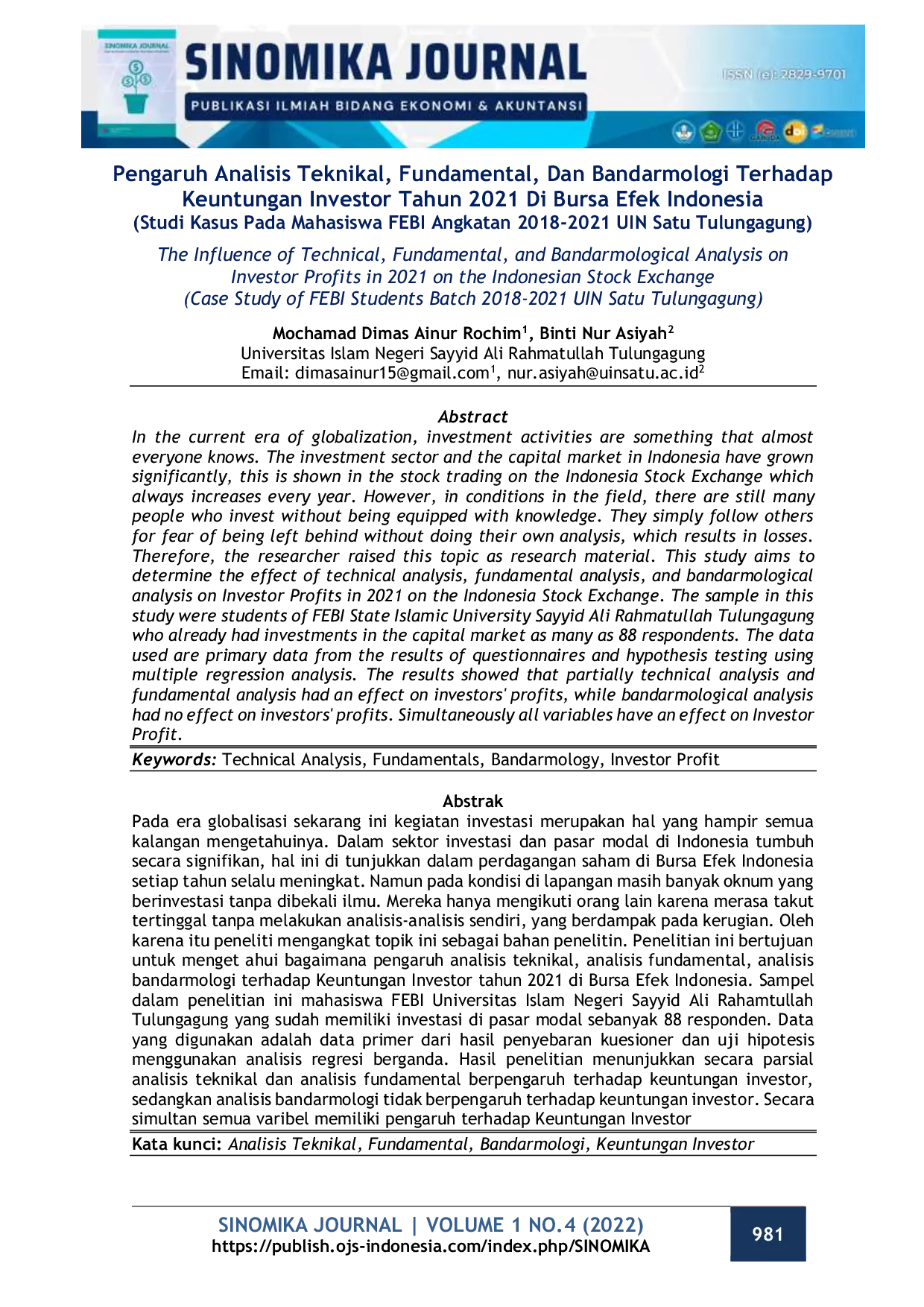 JURIS Pengaruh Analisis Teknikal Fundamental Dan Bandarmologi Terhadap Keuntungan Investor Tahun 2021 Di Bursa Efek Indonesia