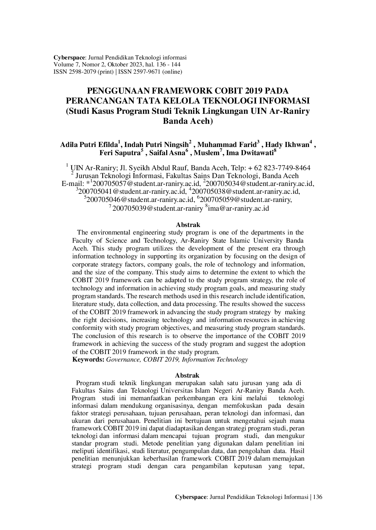 JURIS PENGGUNAAN FRAMEWORK COBIT 2019 PADA PERANCANGAN TATA KELOLA TEKNOLOGI INFORMASI Studi Kasus Program Studi Teknik Lingkungan UIN Ar Raniry Banda Aceh