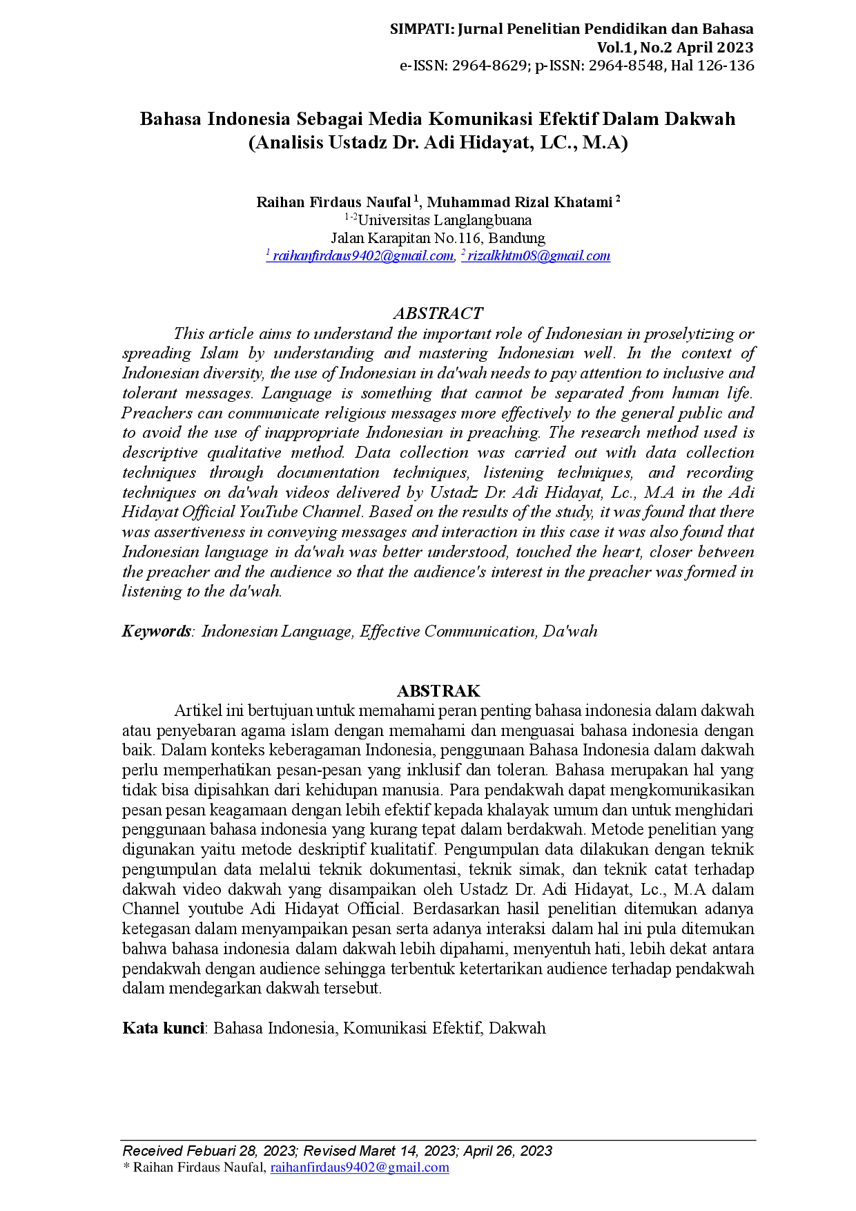 juris Bahasa Indonesia Sebagai Media Komunikasi Efektif Dalam Dakwah Analisis Ustadz Dr Adi Hidayat LC M A