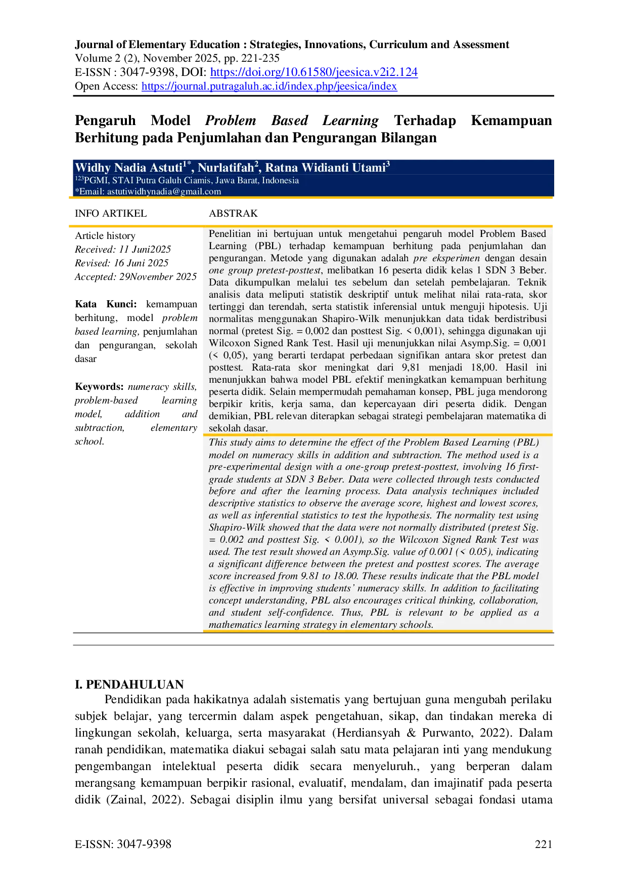 JURIS Pengaruh Model Problem Based Learning Terhadap Kemampuan Berhitung pada Penjumlahan dan Pengurangan Bilangan