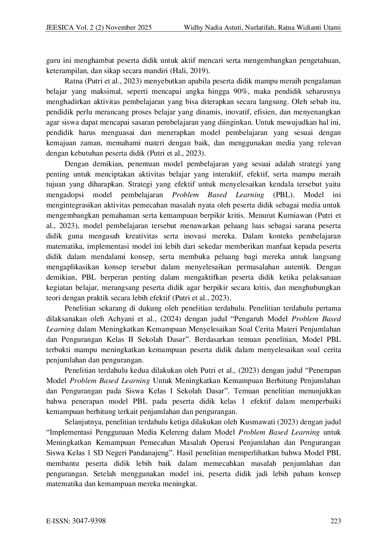 JURIS Pengaruh Model Problem Based Learning Terhadap Kemampuan Berhitung pada Penjumlahan dan Pengurangan Bilangan