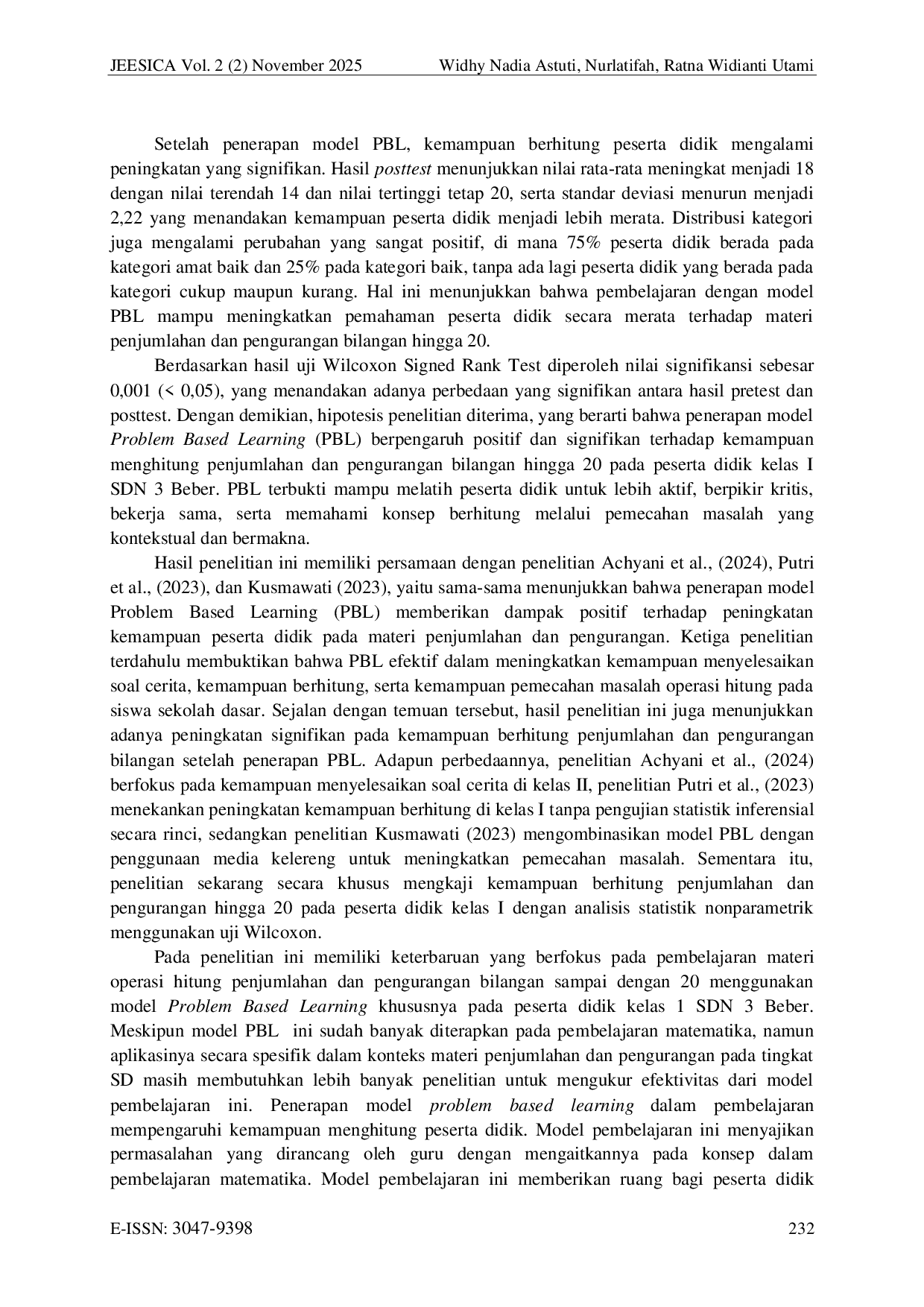 JURIS Pengaruh Model Problem Based Learning Terhadap Kemampuan Berhitung pada Penjumlahan dan Pengurangan Bilangan