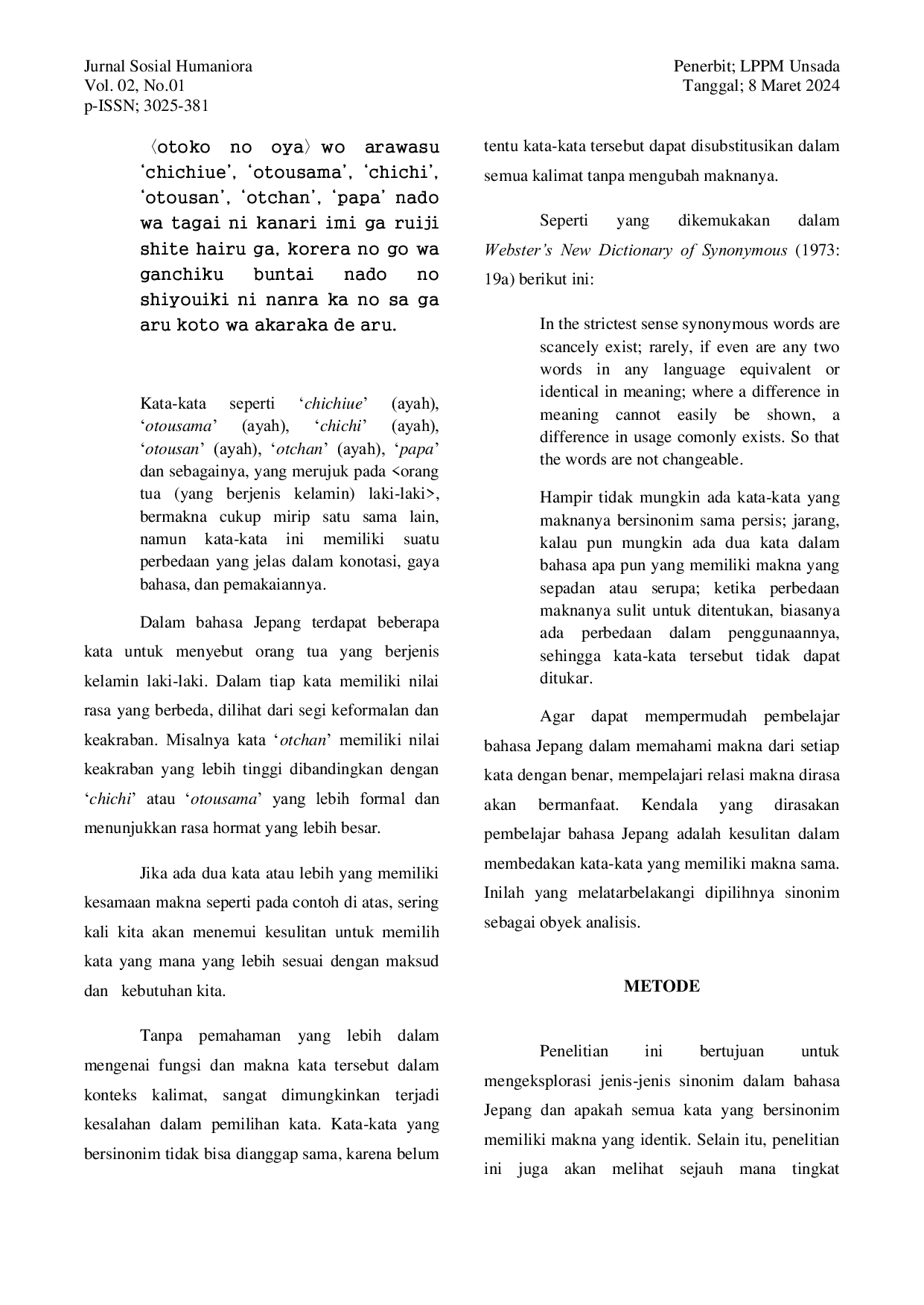 JURIS Analisis Sinonim dalam Bahasa Jepang Eksplorasi Relasi Makna dan Variasi Penggunaan