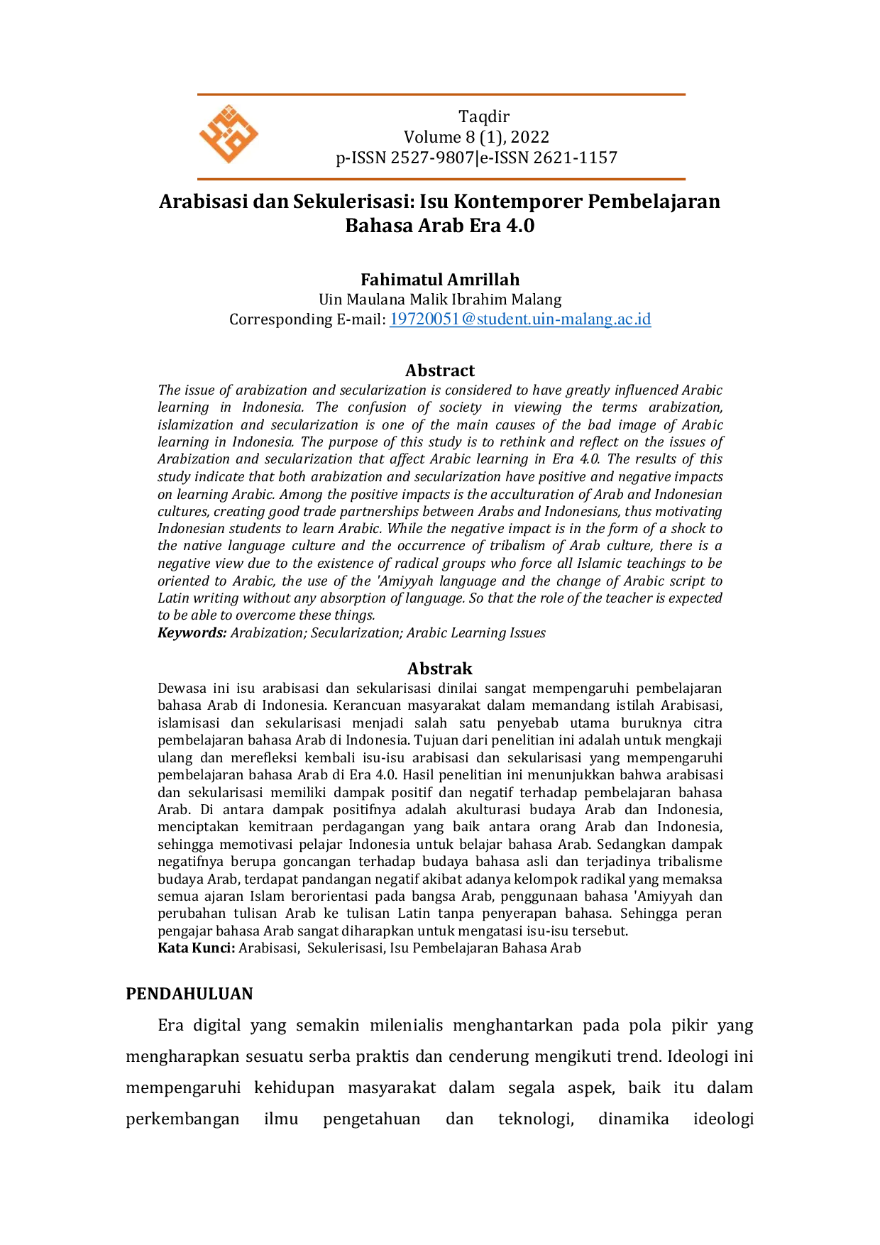 JURIS Arabisasi dan Sekulerisasi Isu Kontemporer Pembelajaran Bahasa Arab Era 4 0