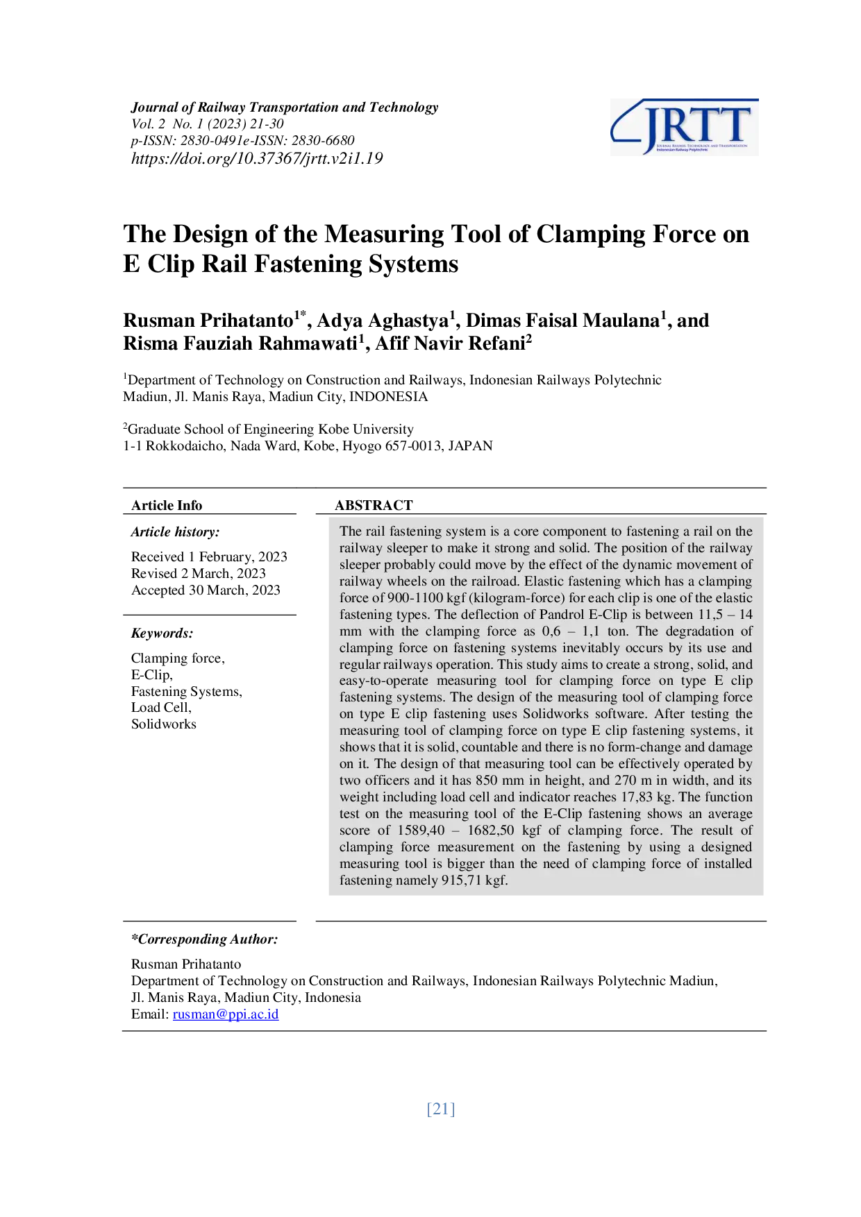 JURIS The Design of the Measuring Tool of Clamping Force on E Clip Rail Fastening Systems