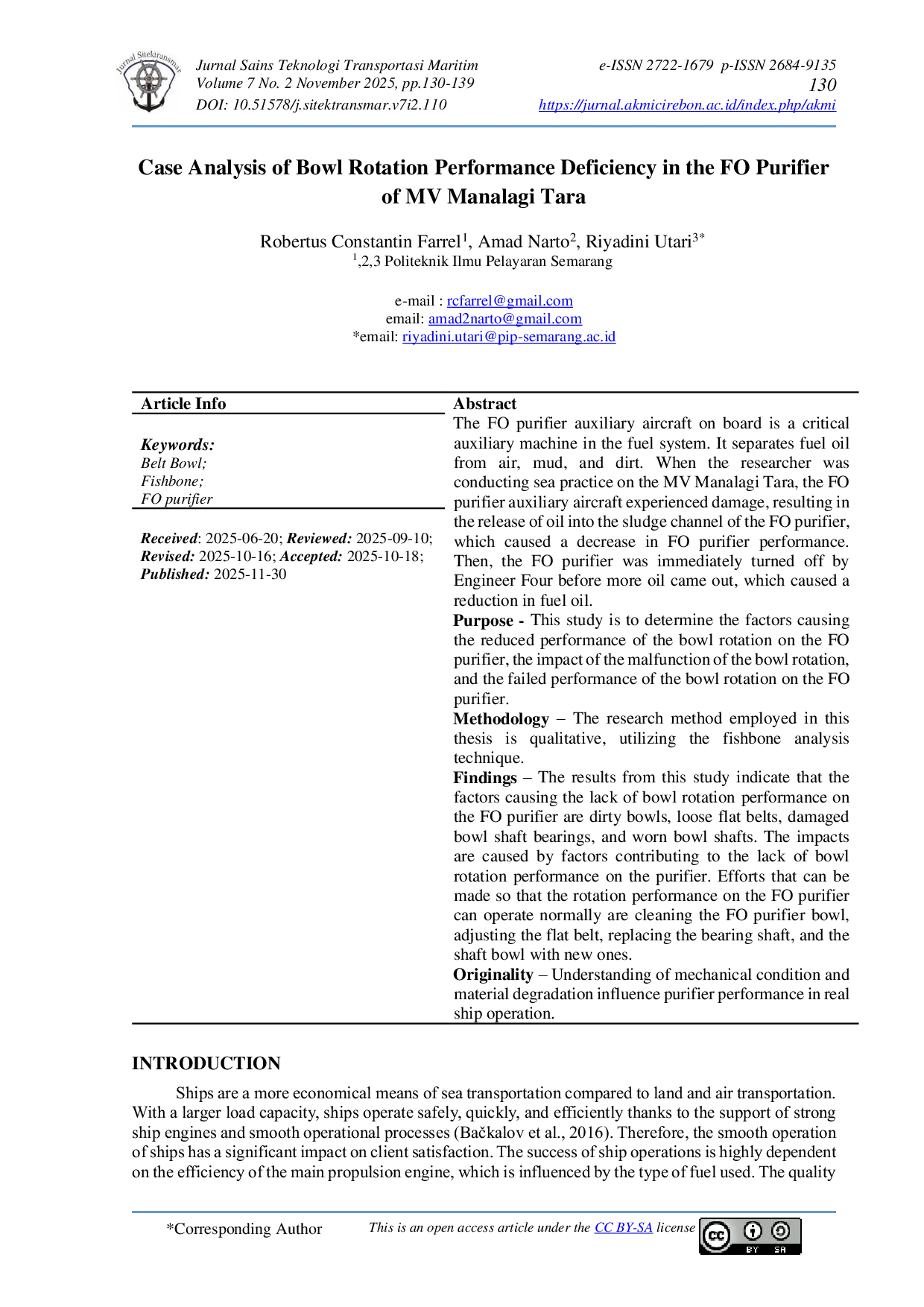 JURIS Case Analysis of Bowl Rotation Performance Deficiency in the FO Purifier of MV Manalagi Tara