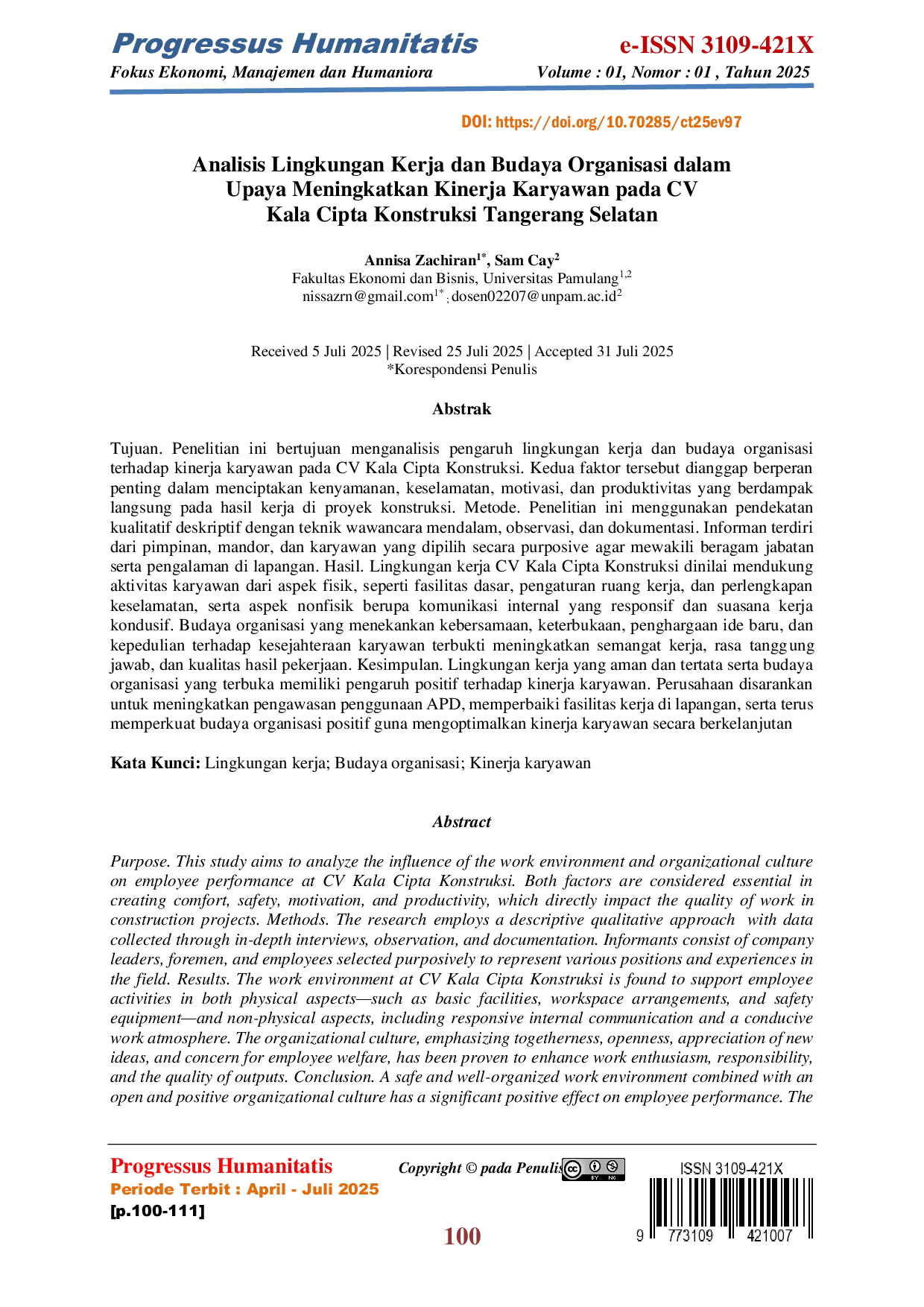 JURIS Analisis Lingkungan Kerja dan Budaya Organisasi dalam Upaya Meningkatkan Kinerja Karyawan pada CV Kala Cipta Konstruksi Tangerang Selatan