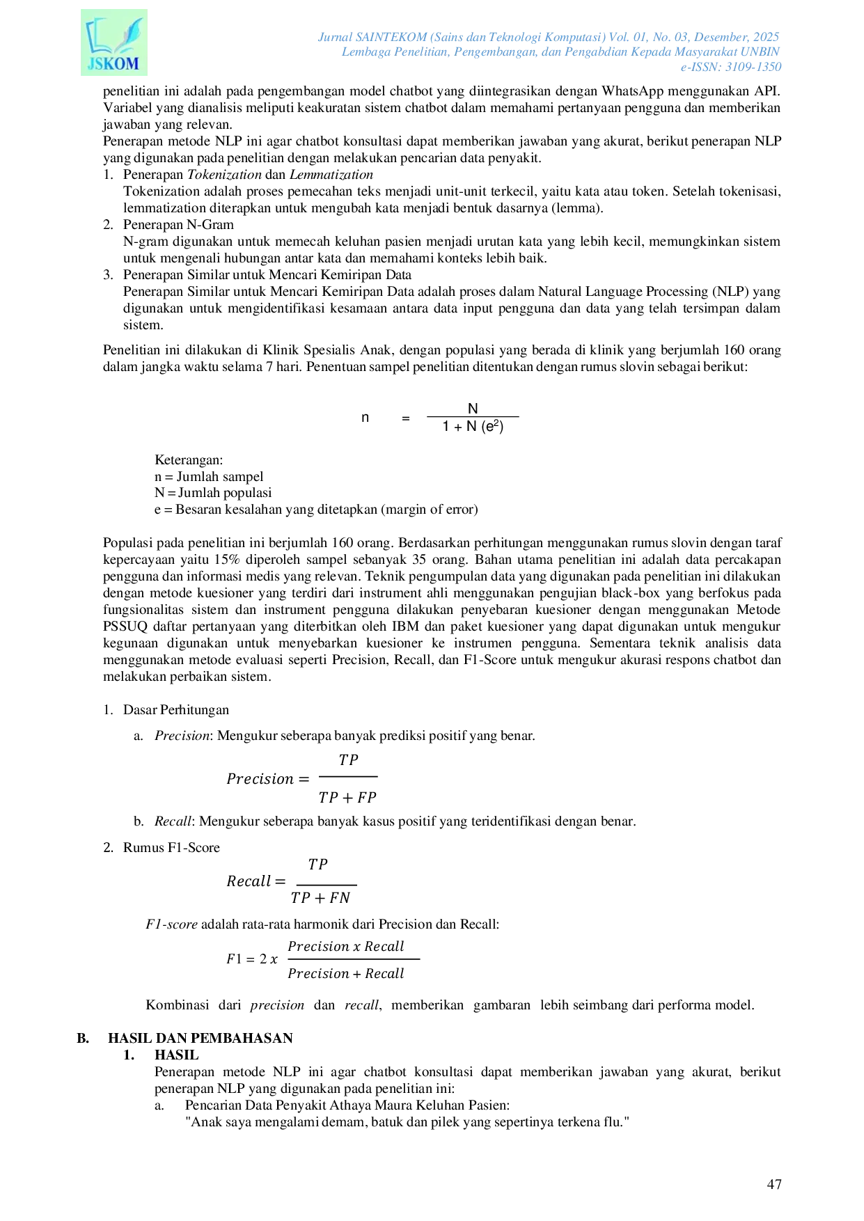 JURIS Penerapan Natural Language Processing NLP Untuk Layanan Klinik Spesialis Anak