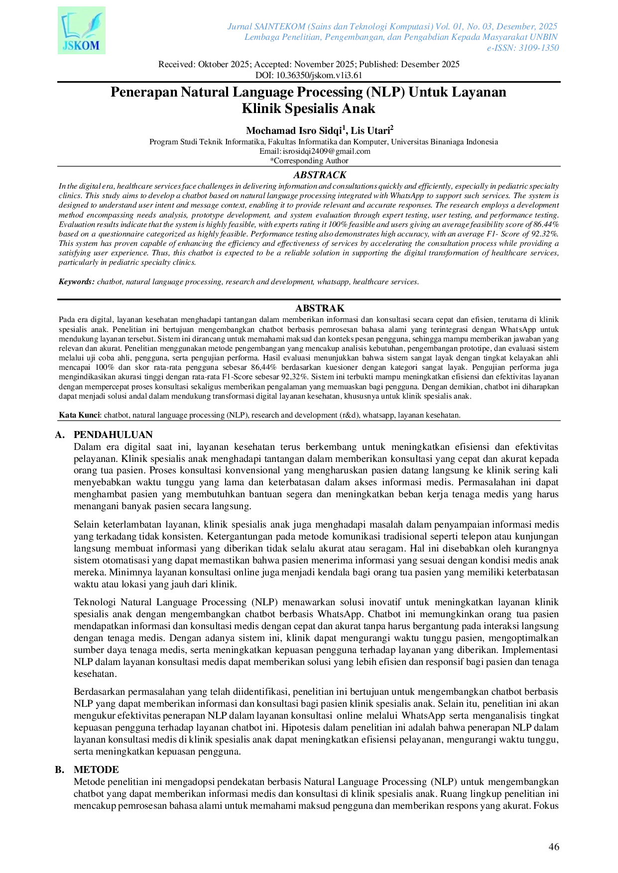 JURIS Penerapan Natural Language Processing NLP Untuk Layanan Klinik Spesialis Anak