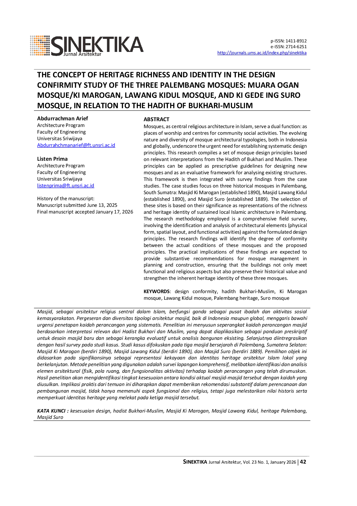 JURIS The Concept of Heritage Richness and Identity in The Design Confirmity Study of The Three Palembang Mosques Muara Ogan Mosque Ki Marogan Lawang Kidul Mosque and Ki Gede Ing Suro Mosque in Relation