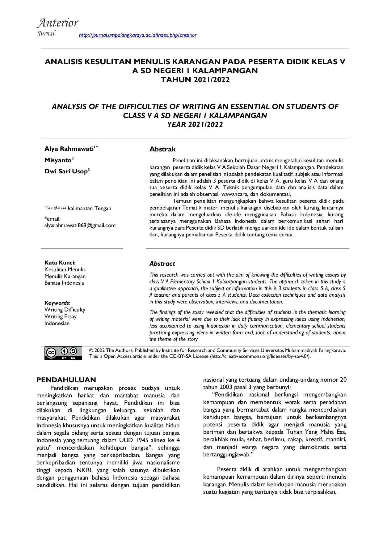 JURIS Analisis Kesulitan Menulis Karangan Pada Peserta Didik Kelas V A Sd Negeri 1 Kalampangan Tahun 2021 2022