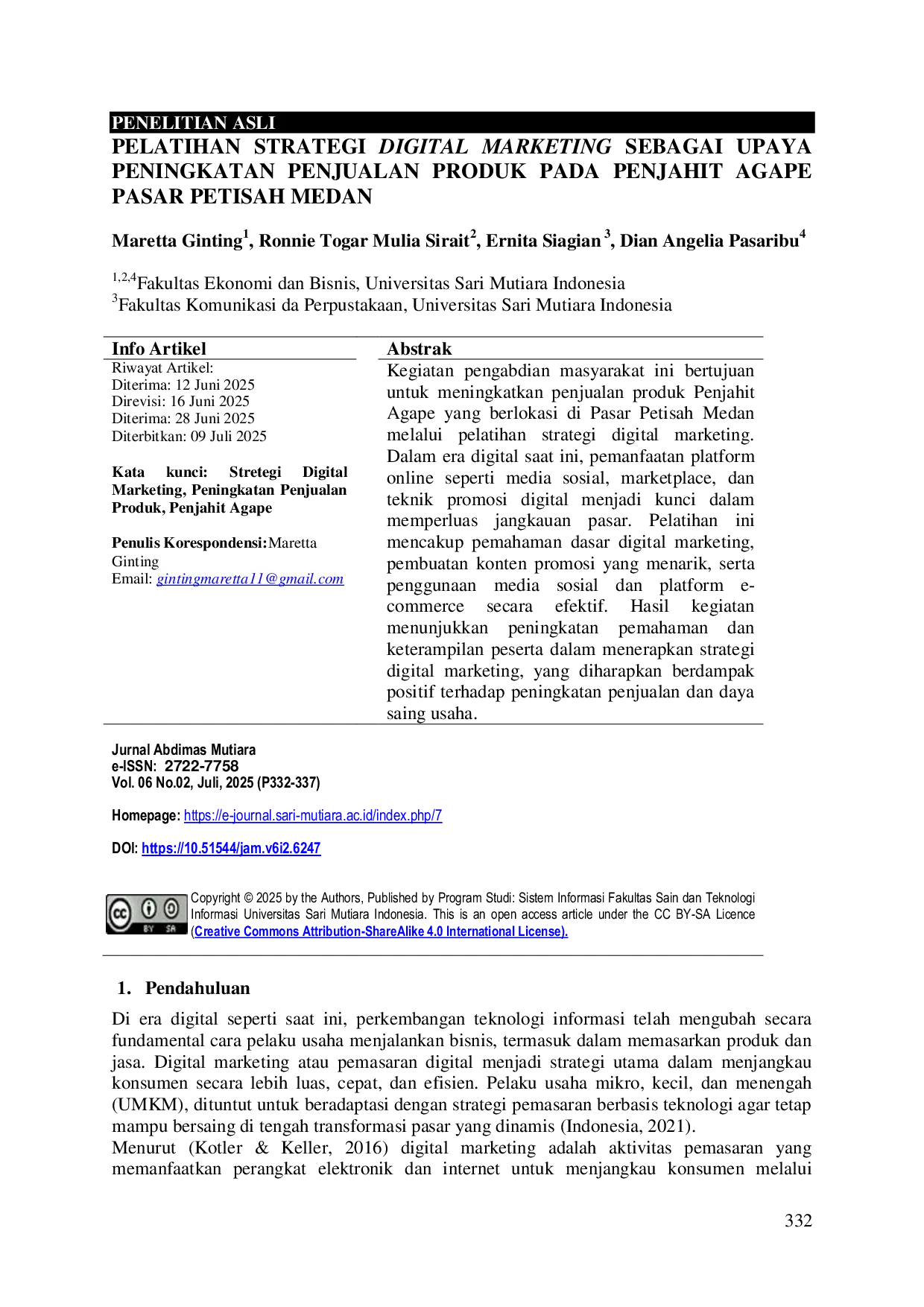 JURIS Pelatihan Strategi Digital Marketing Sebagai Upaya Peningkatan Penjualan Produk Pada Penjahit Agape Pasar Petisah Medan