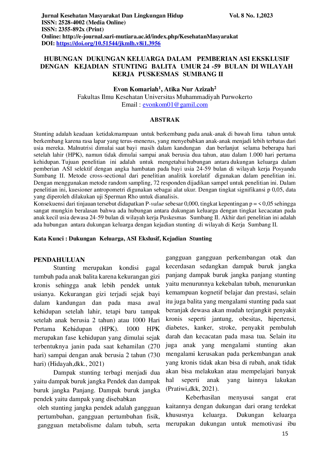 JURIS Hubungan Dukungan Keluarga dalam Pemberian ASI Eksklusif dengan Kejadian Stunting Balita Umur 24 59 Bulan di Wilayah Kerja Puskesmas Sumbang II
