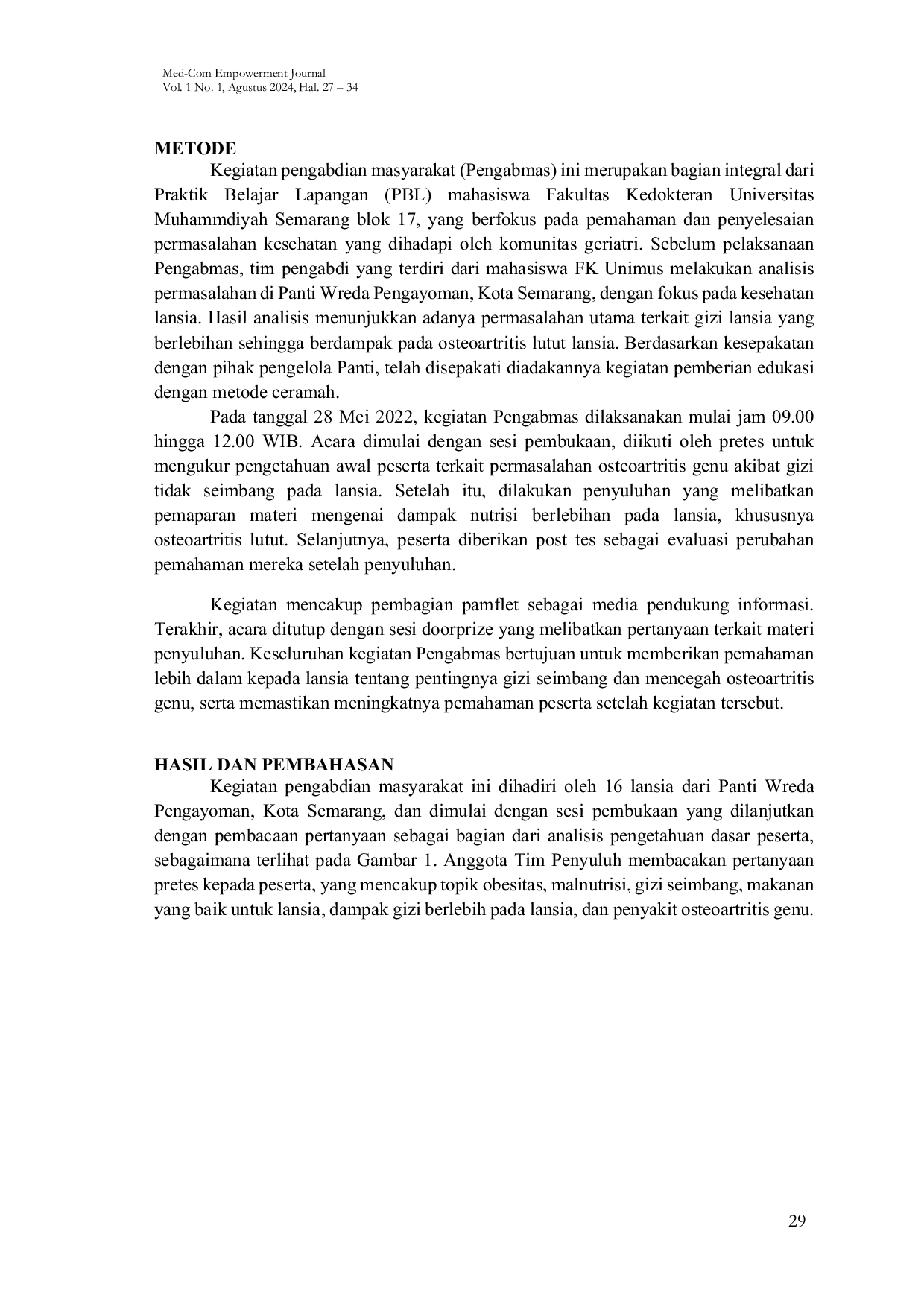 JURIS Edukasi Seputar Obesitas dan Osteoartritis pada Komunitas Geriatri di Panti Wreda Pengayoman Semarang