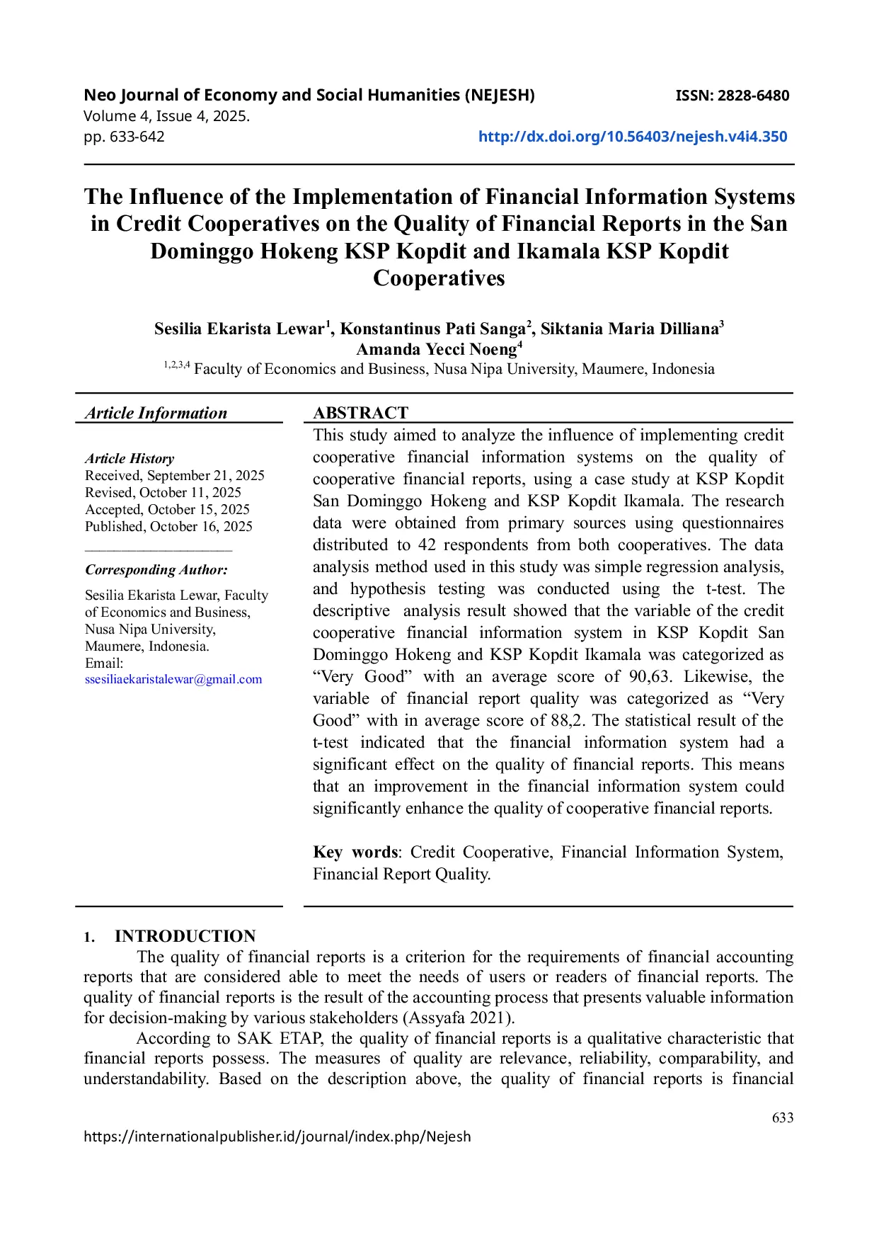 JURIS The Influence Of The Implementation Of Financial Information Systems In Credit Cooperatives On The Quality Of Financial Reports In The San Dominggo Hokeng Ksp Kopdit And Ikamala Ksp Kopdit Cooperative